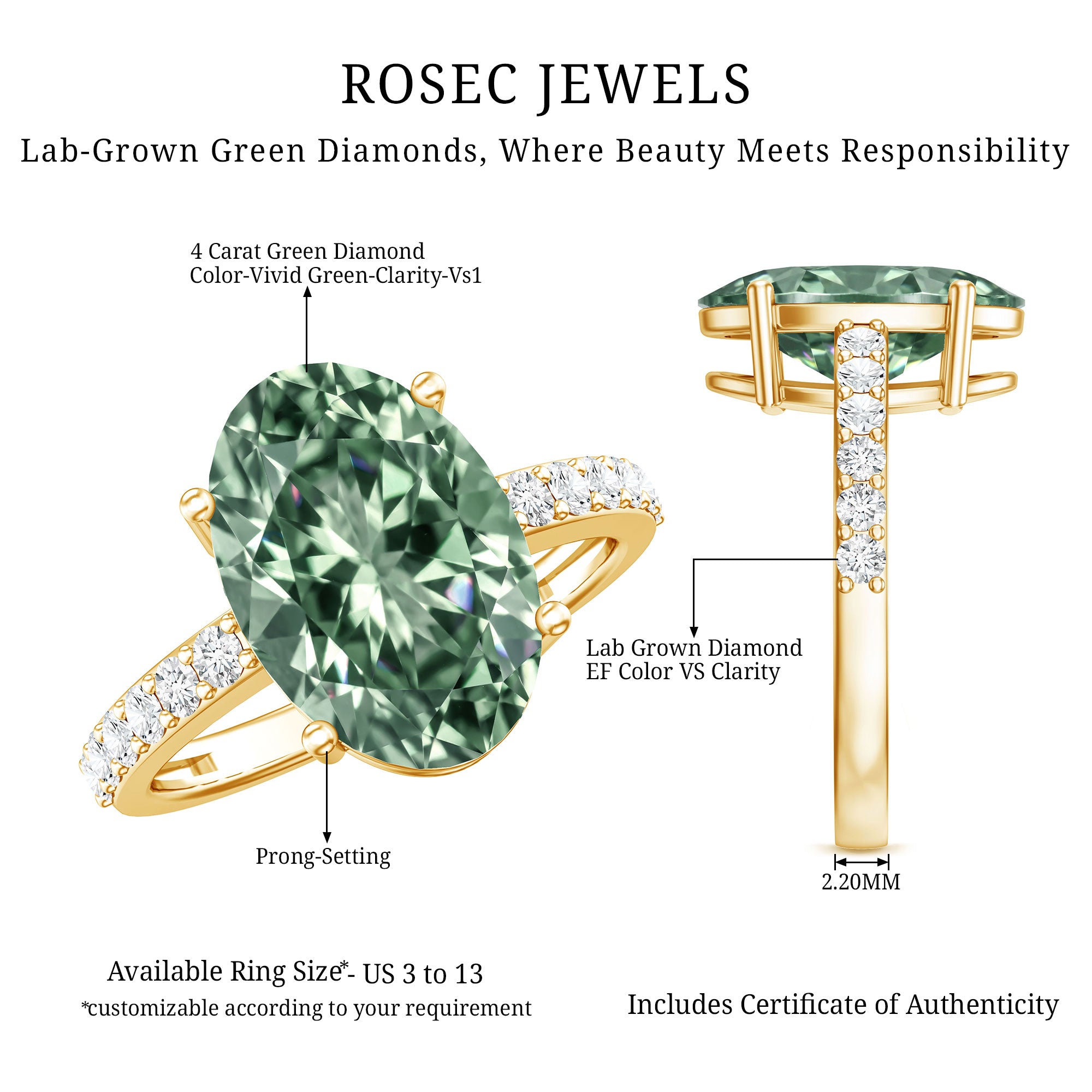 Elongated 4 Carat Oval Lab Grown Green Diamond Engagement Ring IGI Certified Vivid Green - VS1 - Rosec Jewels