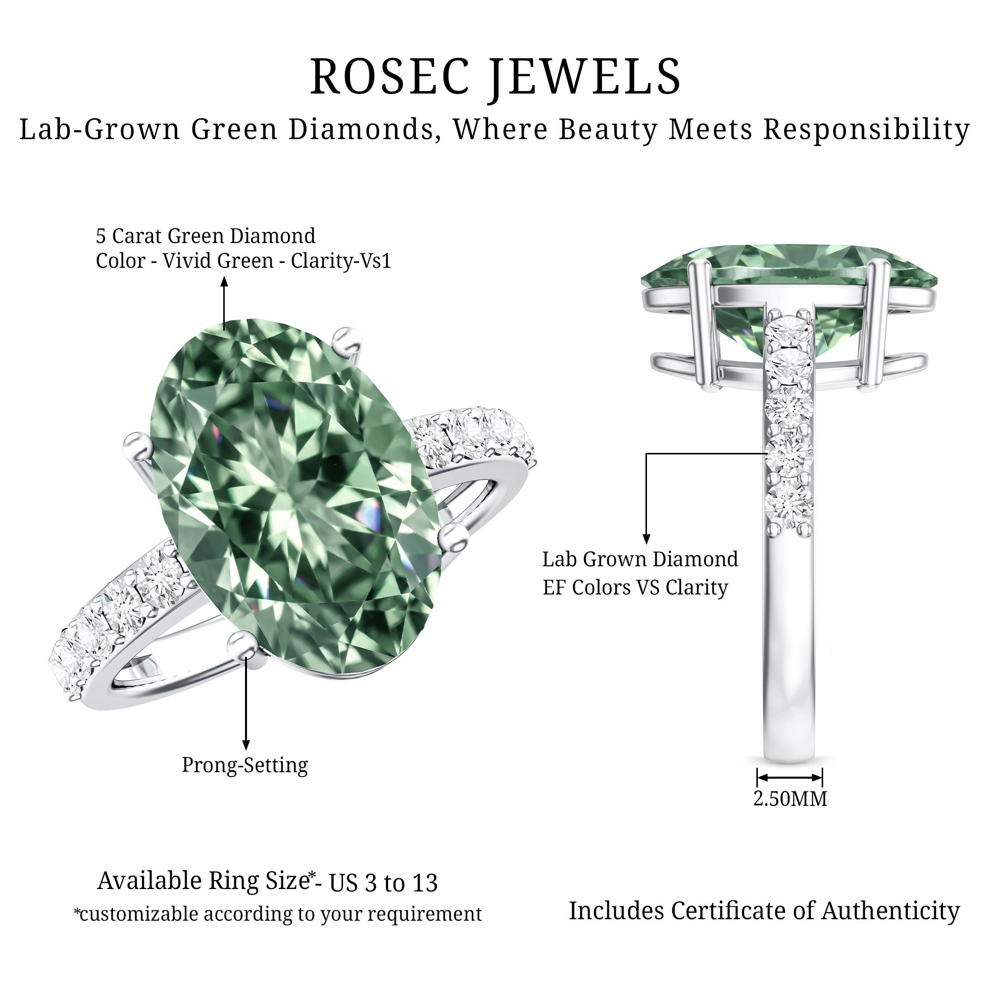 IGI Certified Lab Grown Green Diamond Oval Solitaire Engagement Ring 5 Carat Vivid Green - VS1 - Rosec Jewels