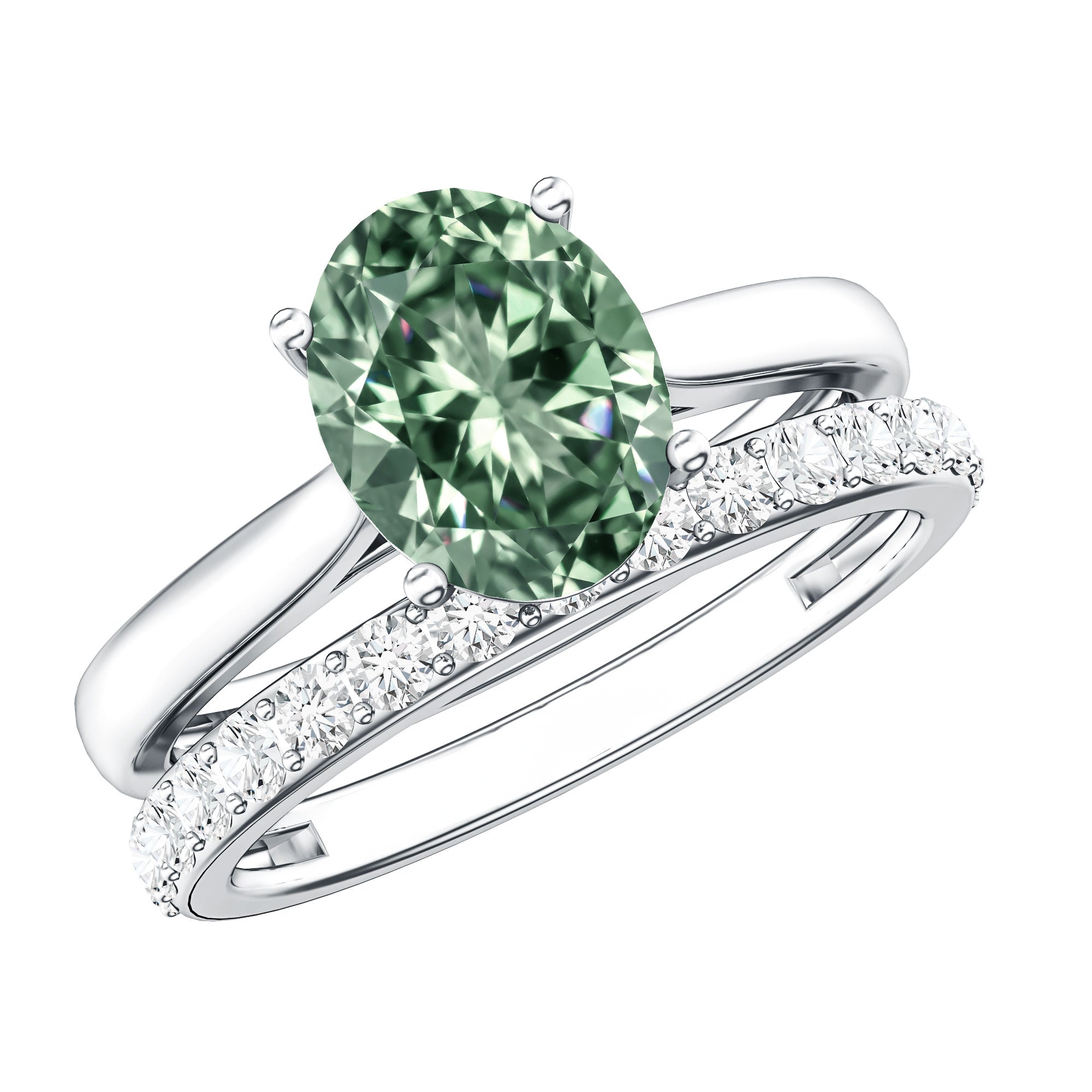 Solitaire 2 Carat Lab Green Diamond Oval Wedding Ring Set with IGI Certificate Vivid Green - VS1 - Rosec Jewels