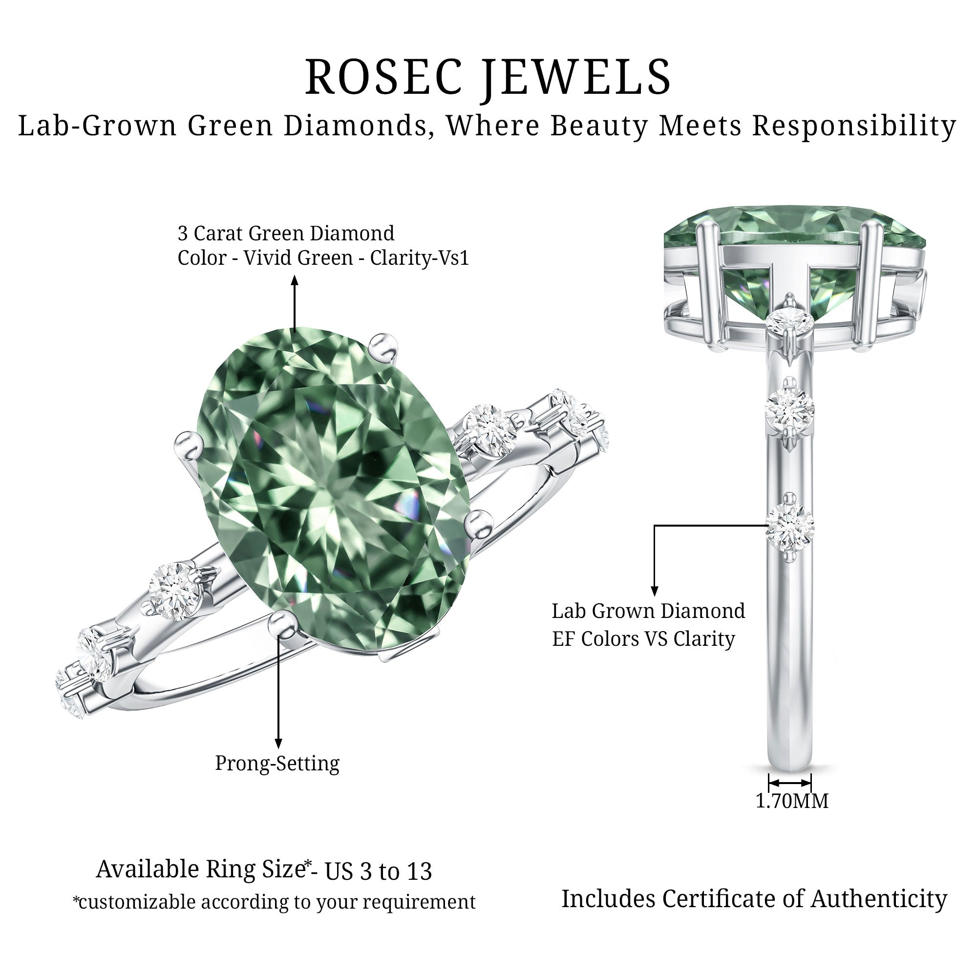 Lab Grown Green Diamond 3 Carat Oval Engagement Ring IGI Certified Vivid Green - VS1 - Rosec Jewels