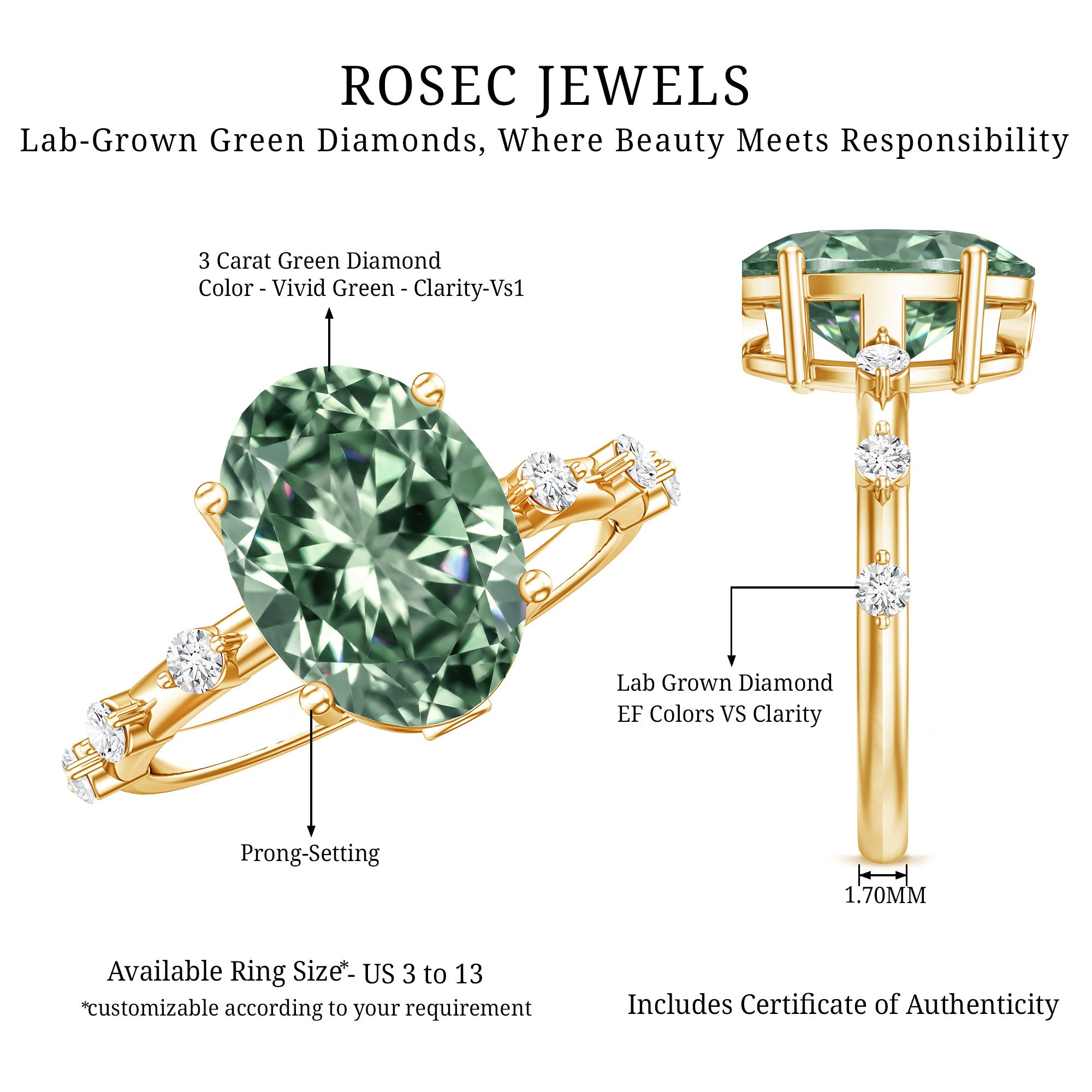 Lab Grown Green Diamond 3 Carat Oval Engagement Ring IGI Certified Vivid Green - VS1 - Rosec Jewels