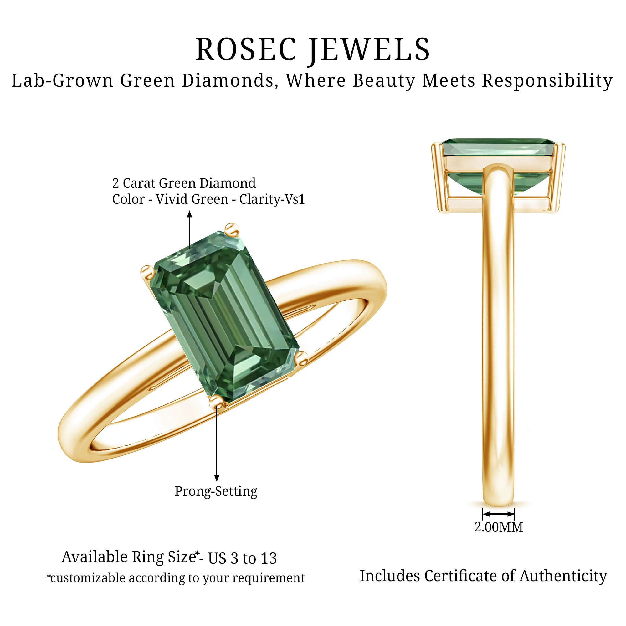 IGI Certified Solitaire Lab Grown Green Diamond Emerald Cut Engagement Ring 2 Carat Vivid Green - VS1 - Rosec Jewels