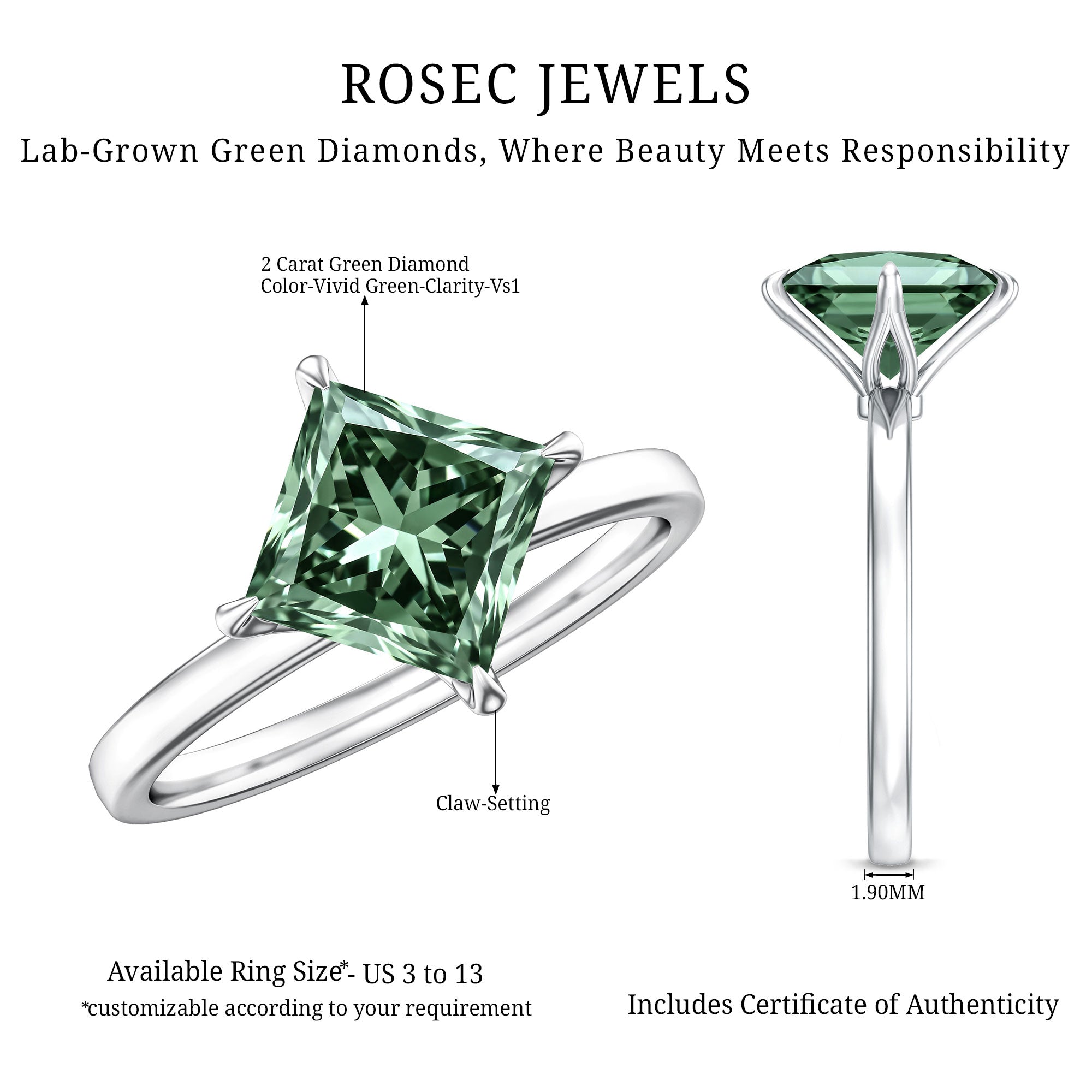 Princess Cut Solitaire Engagement Ring with IGI Certified 2 Carat Lab Created Green Diamond Vivid Green - VS1 - Rosec Jewels