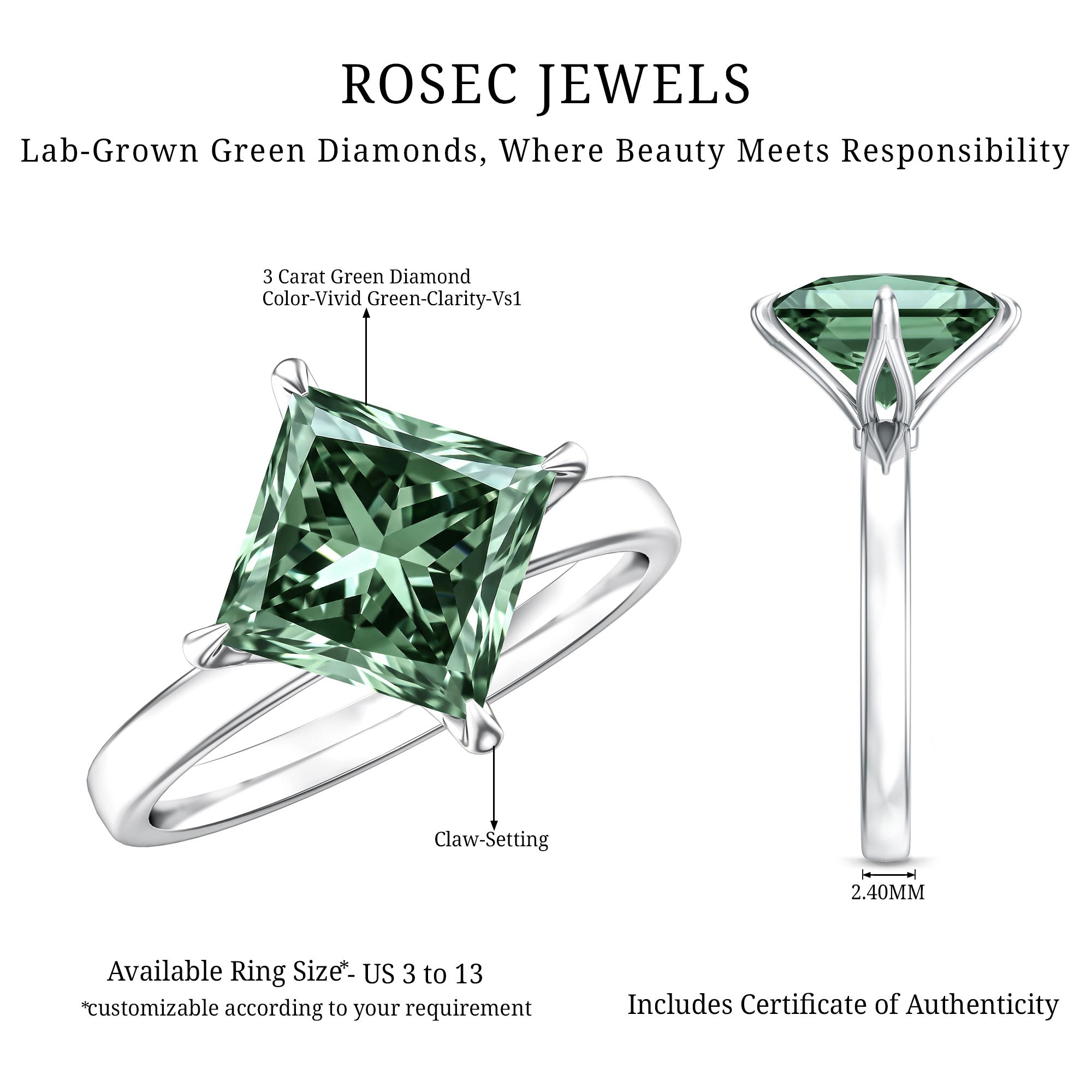 3 Carat Lab Grown Vivid Green Diamond Princess Cut Engagement Ring with IGI Certificate Vivid Green - VS1 - Rosec Jewels