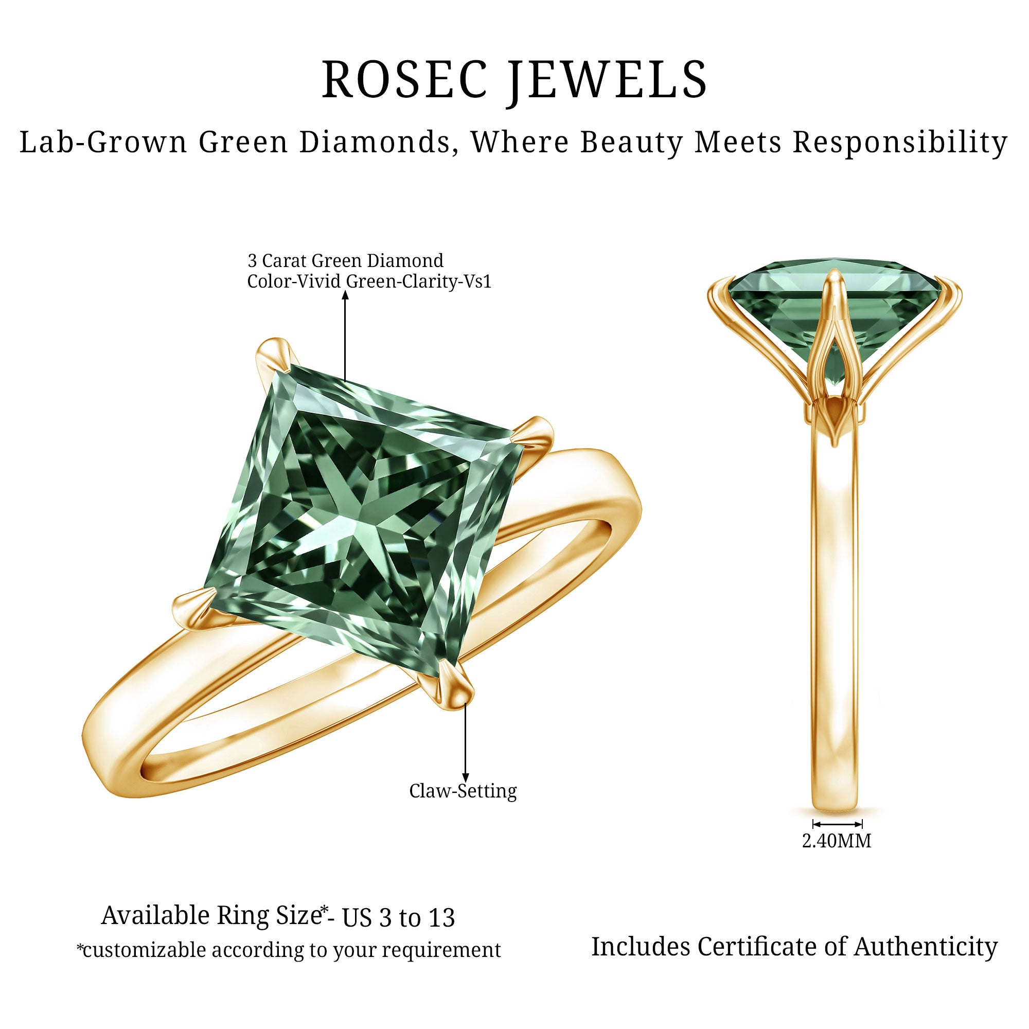 3 Carat Lab Grown Vivid Green Diamond Princess Cut Engagement Ring with IGI Certificate Vivid Green - VS1 - Rosec Jewels