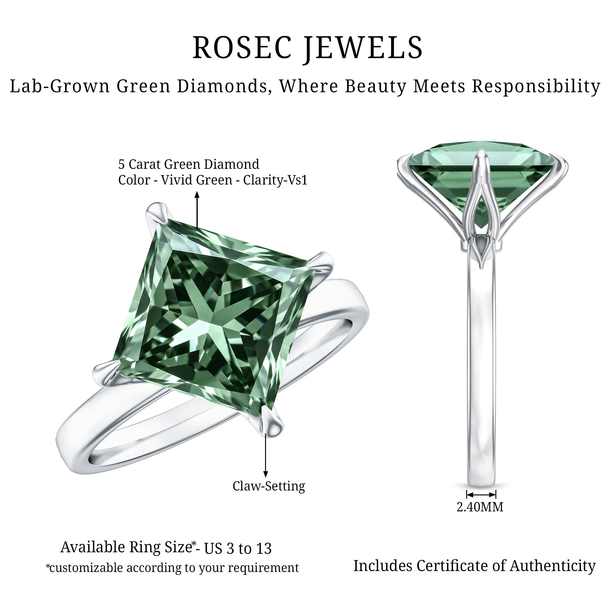 Solitaire 5 Carat Lab Grown Green Diamond Princess Cut Engagement Ring IGI Certified Vivid Green - VS1 - Rosec Jewels
