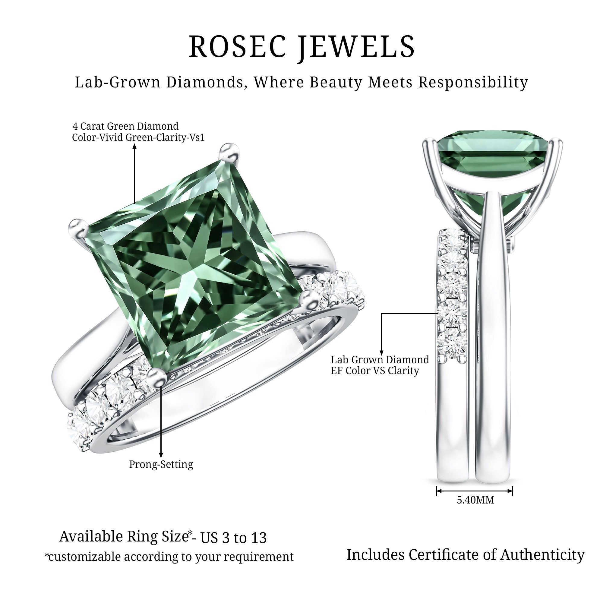 IGI Certified 4 Carat Lab Grown Green Diamond Princess Cut Wedding Bridal Ring Set of 2 Vivid Green - VS1 - Rosec Jewels