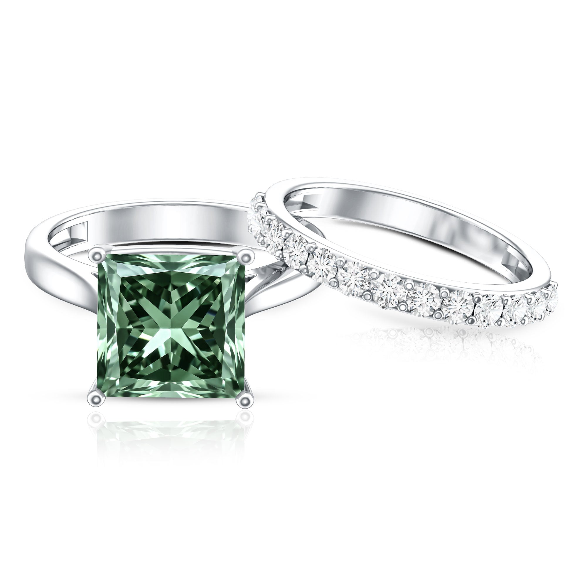 IGI Certified 4 Carat Lab Grown Green Diamond Princess Cut Wedding Bridal Ring Set of 2 Vivid Green - VS1 - Rosec Jewels