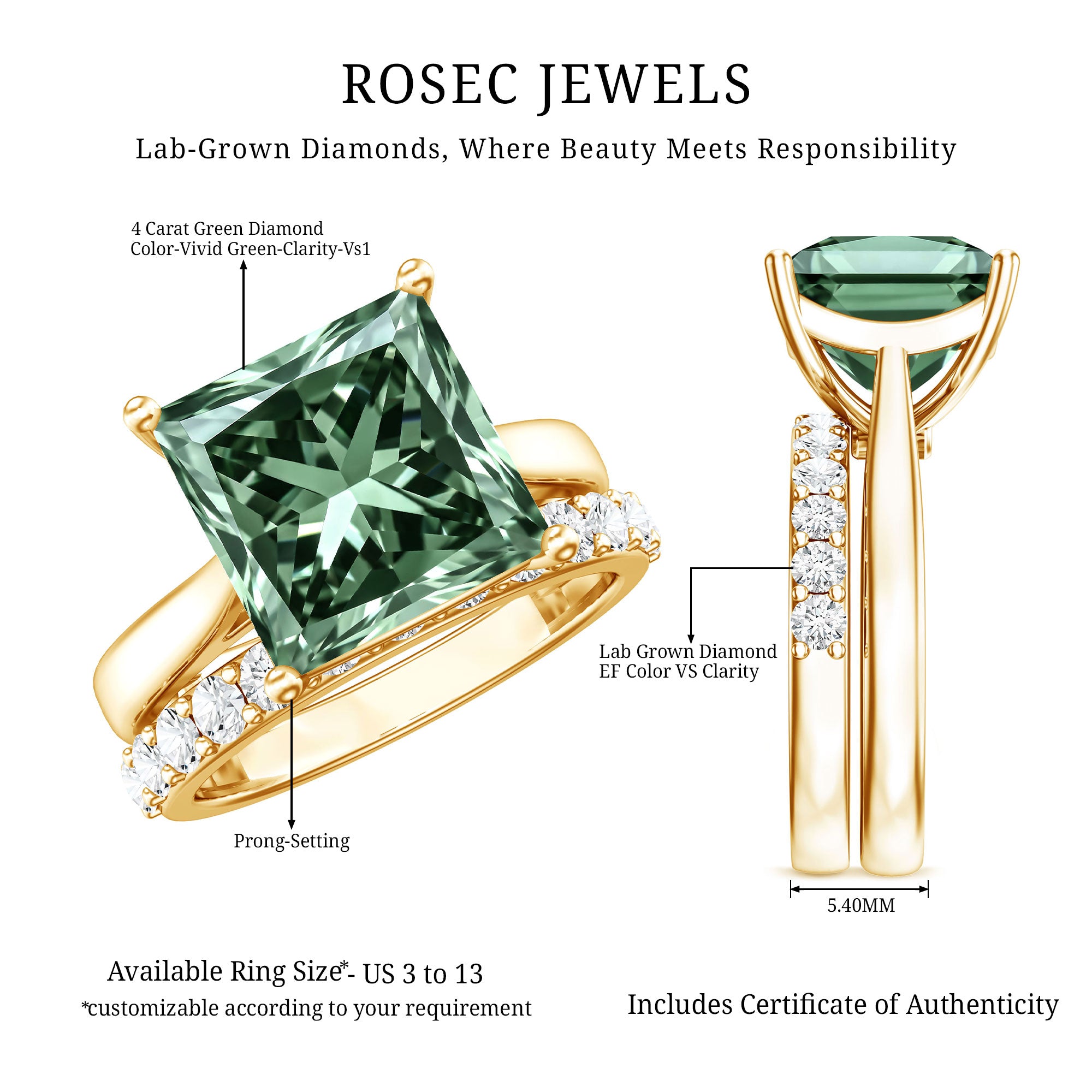 IGI Certified 4 Carat Lab Grown Green Diamond Princess Cut Wedding Bridal Ring Set of 2 Vivid Green - VS1 - Rosec Jewels