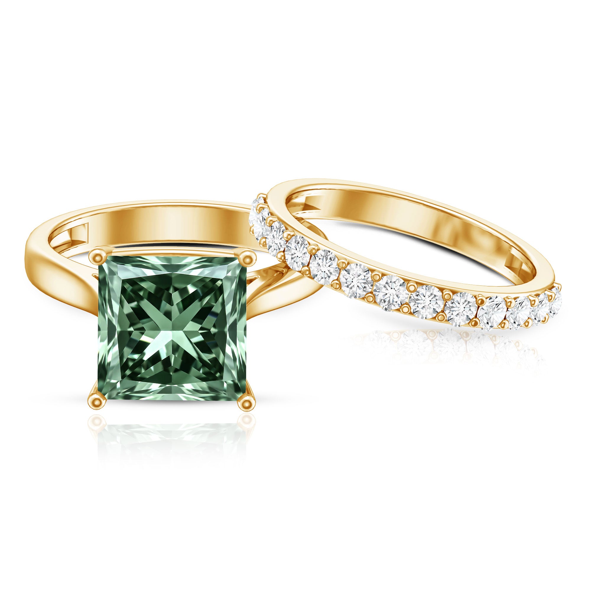 IGI Certified 4 Carat Lab Grown Green Diamond Princess Cut Wedding Bridal Ring Set of 2 Vivid Green - VS1 - Rosec Jewels