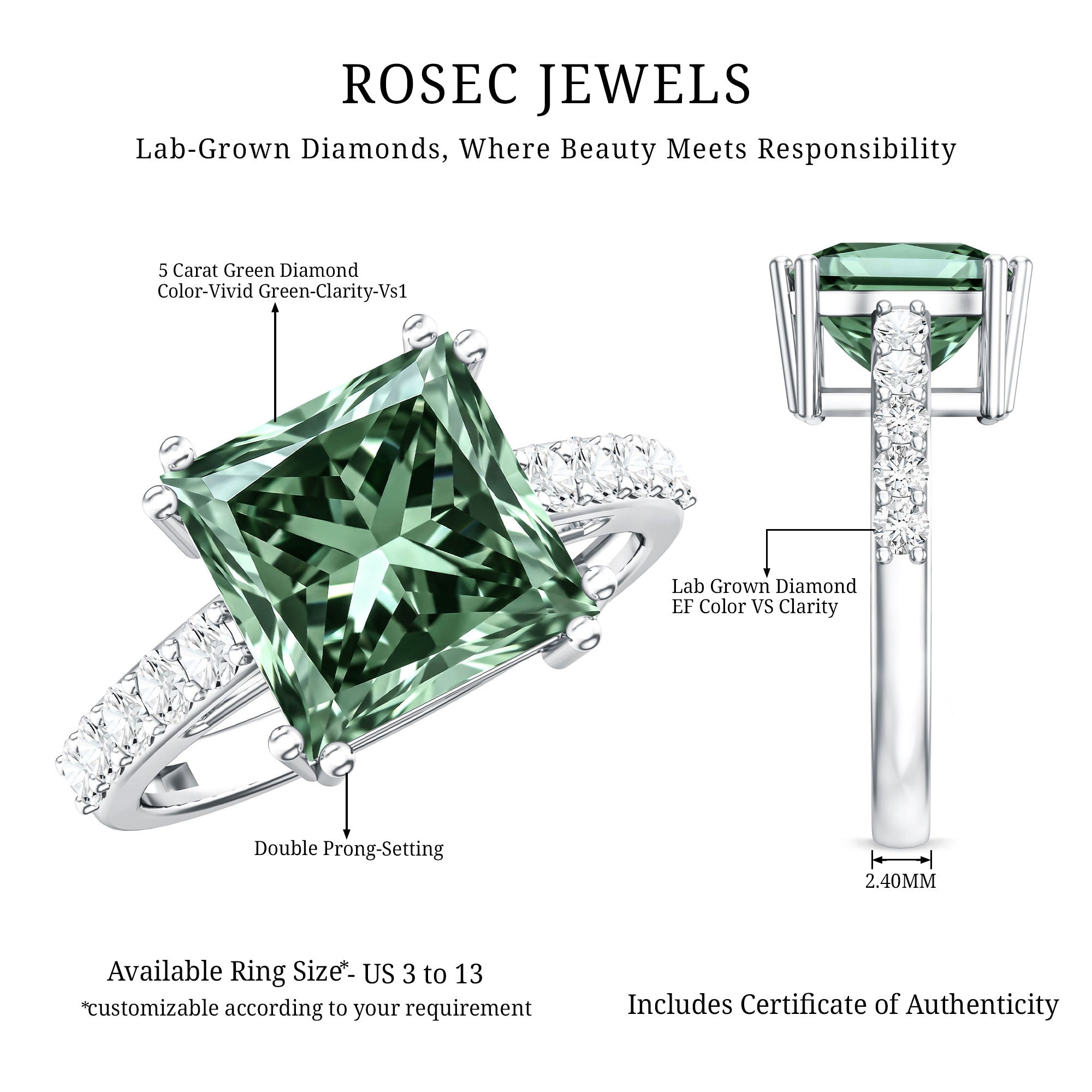 5 Carat Princess Cut Lab Grown Green Diamond Big Engagement Ring with IGI Certificate Vivid Green - VS1 - Rosec Jewels