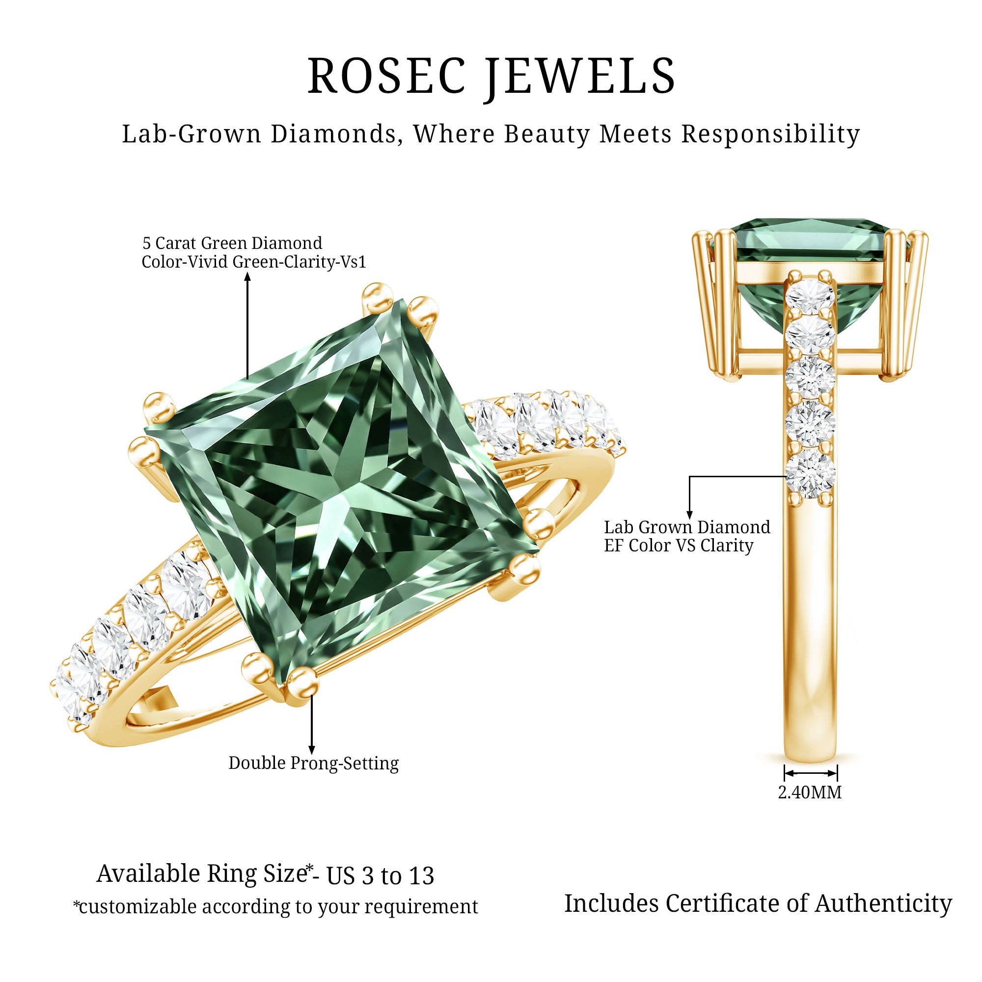 5 Carat Princess Cut Lab Grown Green Diamond Big Engagement Ring with IGI Certificate Vivid Green - VS1 - Rosec Jewels