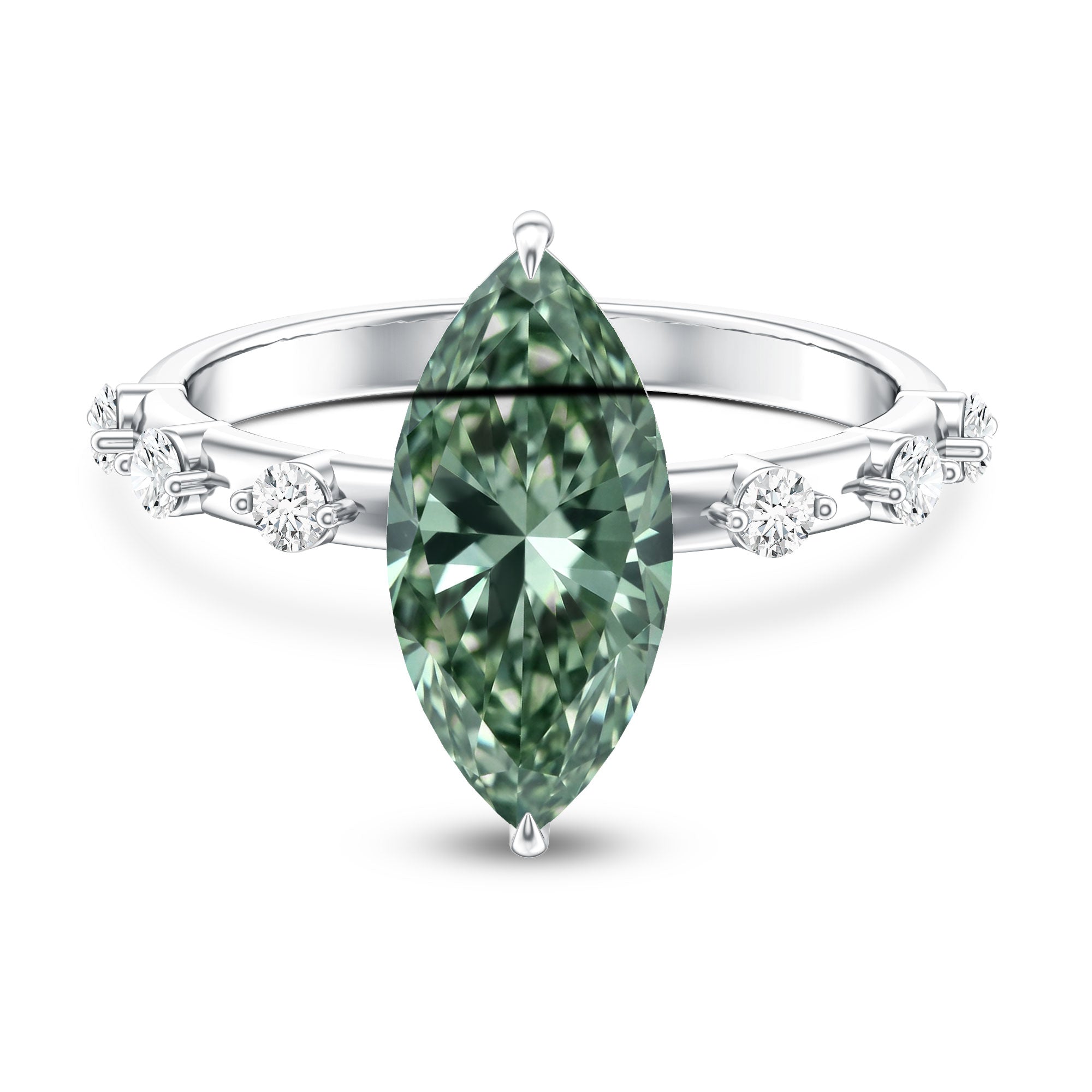 IGI Certified 3 Carat Marquise Lab Grown Green Diamond Engagement Ring with Spaced Accent Vivid Green - VS1 - Rosec Jewels