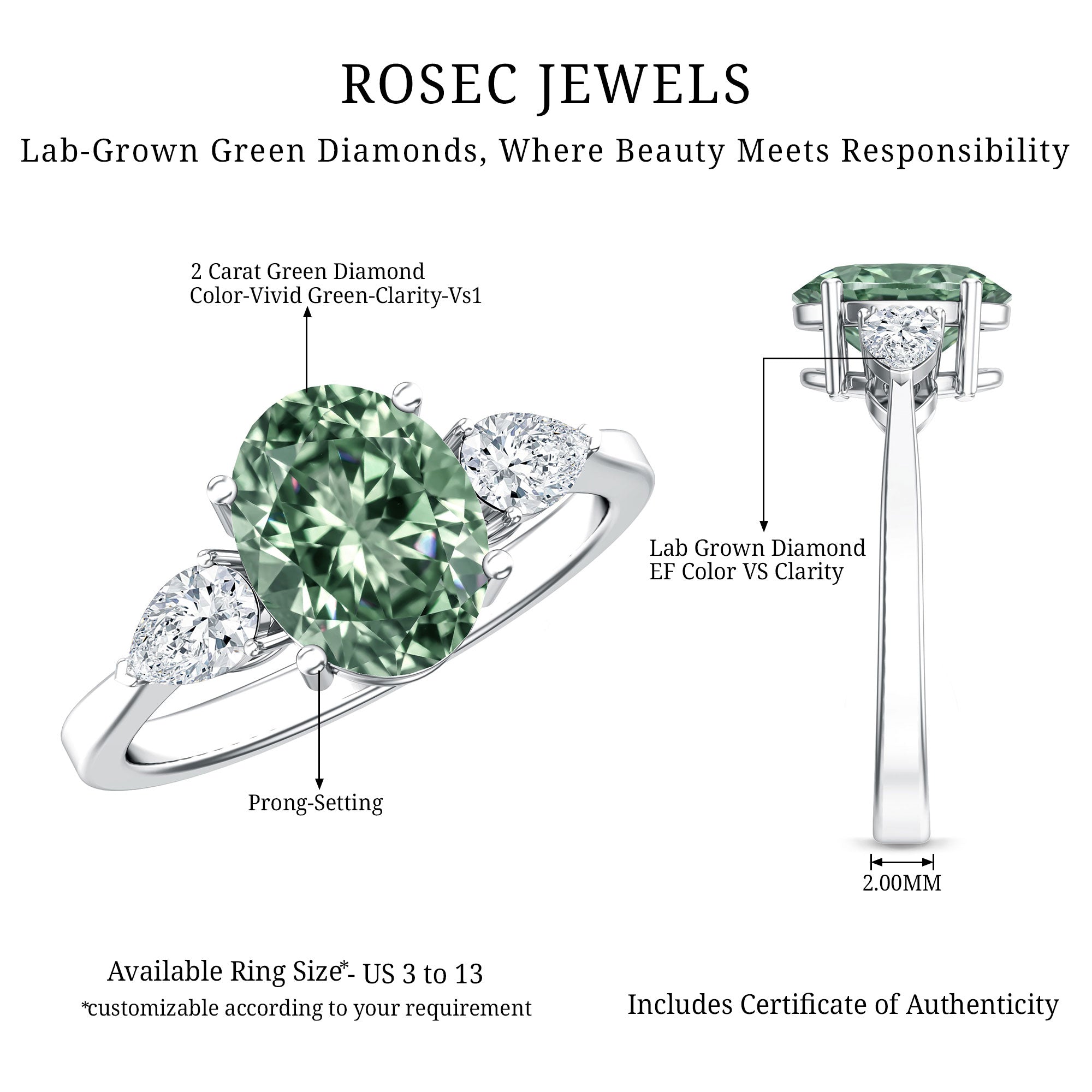 Oval Shaped 2 Carat Lab Grown Green Diamond Three Stone Engagement Ring with IGI Certificate Vivid Green - VS1 - Rosec Jewels