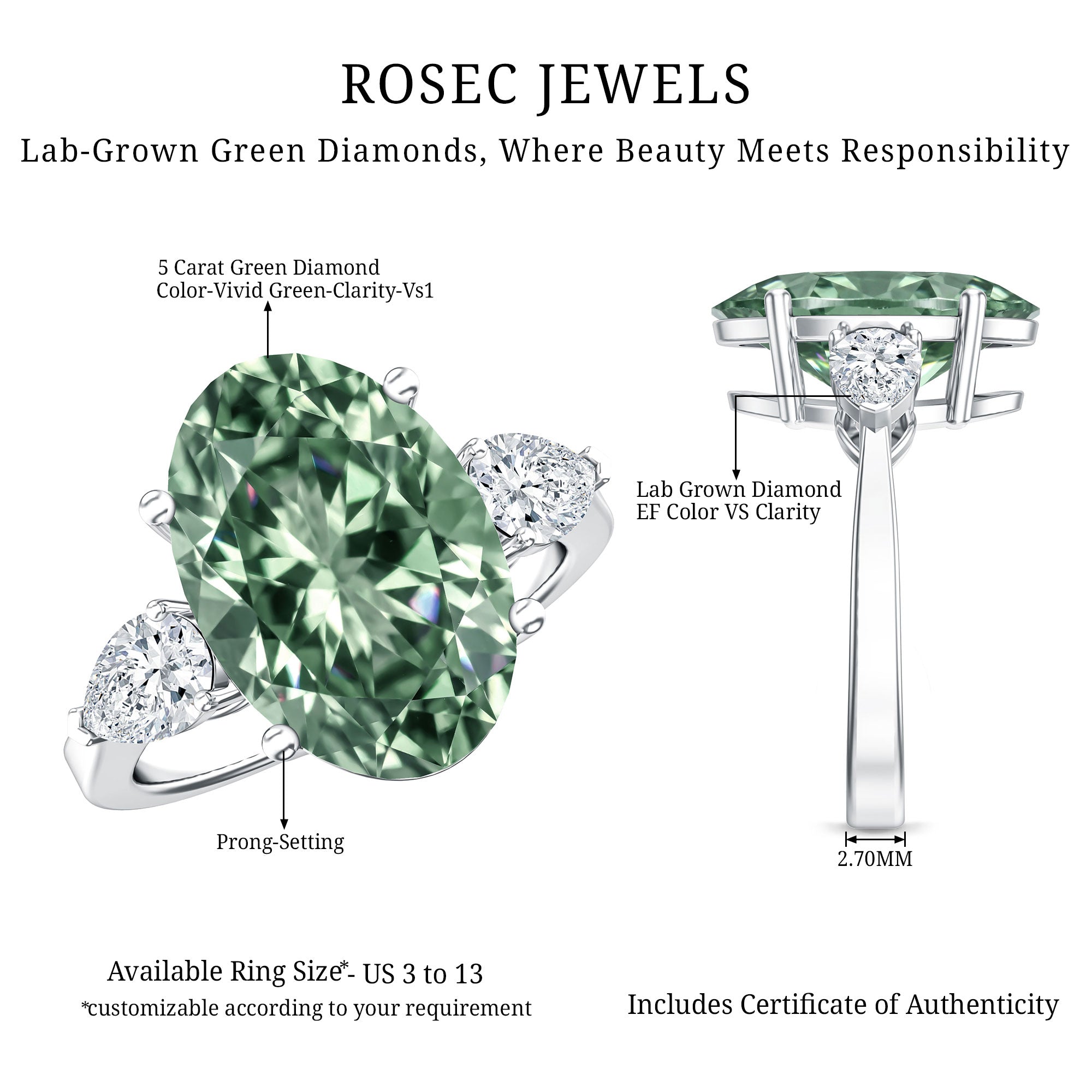 5 Carat IGI Certified Lab Grown Green Diamond Oval Statement Engagement Ring Vivid Green - VS1 - Rosec Jewels