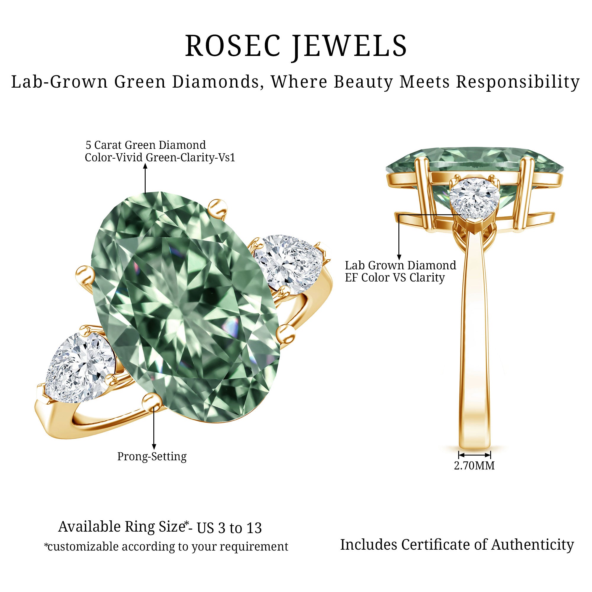 5 Carat IGI Certified Lab Grown Green Diamond Oval Statement Engagement Ring Vivid Green - VS1 - Rosec Jewels