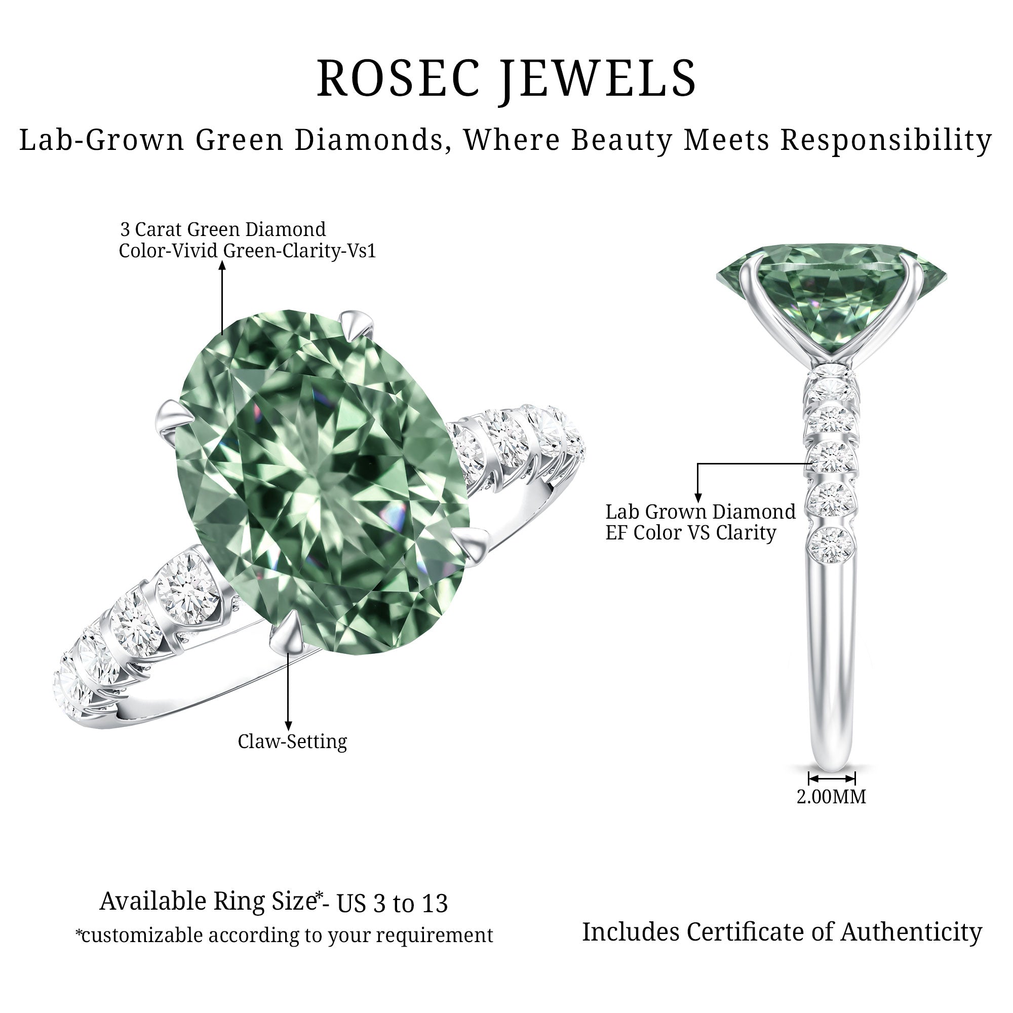 IGI Certified 3 Carat Oval Shape Lab Grown Green Diamond Engagement Ring Vivid Green - VS1 - Rosec Jewels