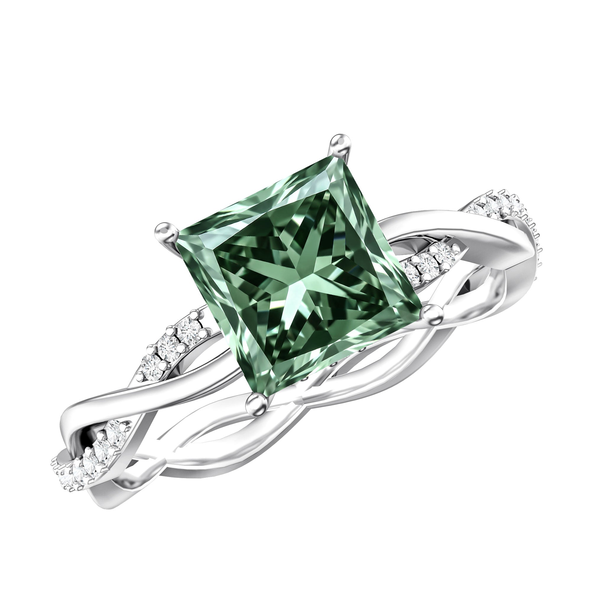 IGI Certified 2 Carat Princess Cut Lab Green Diamond Braided Engagement Ring for Women Vivid Green - VS1 - Rosec Jewels
