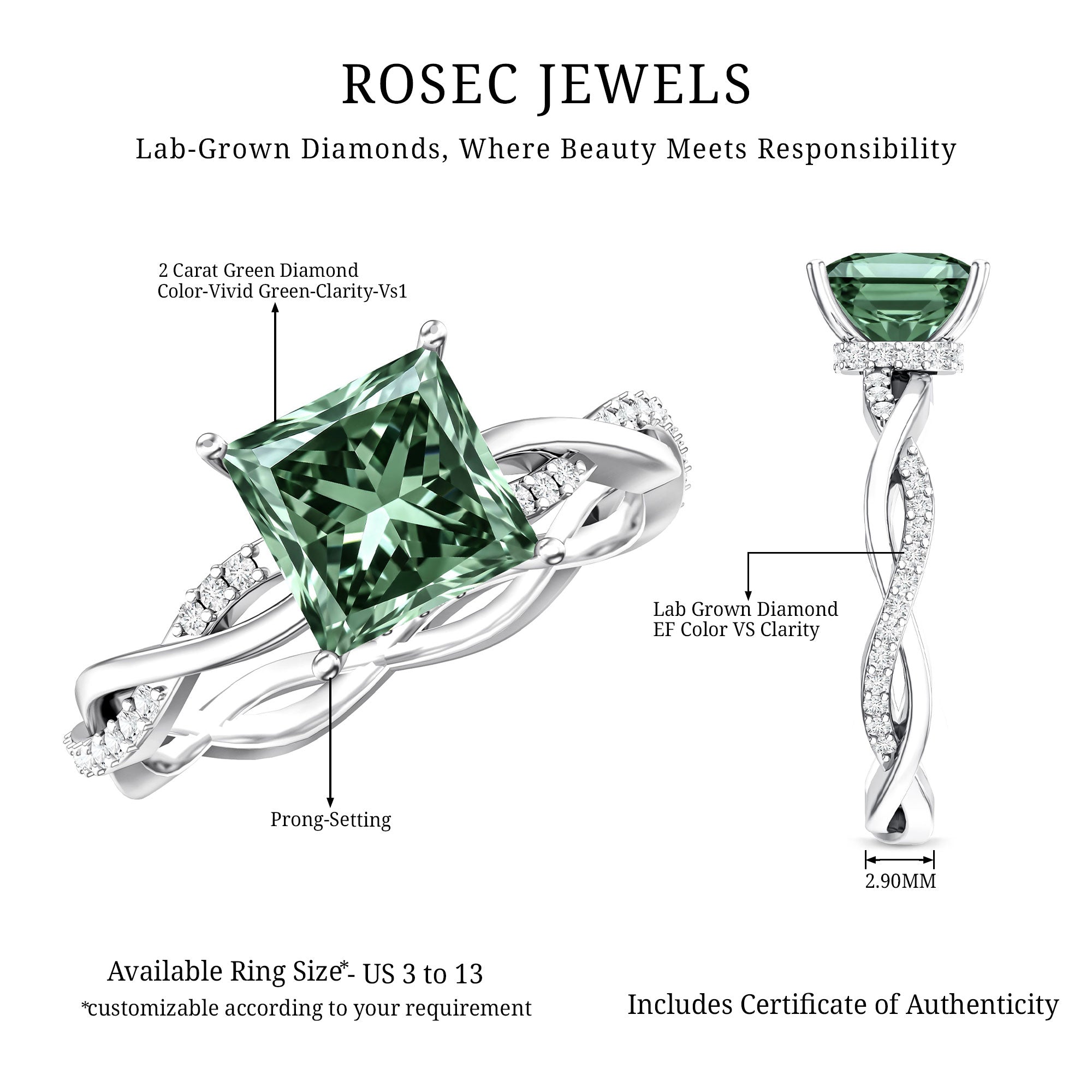 IGI Certified 2 Carat Princess Cut Lab Green Diamond Braided Engagement Ring for Women Vivid Green - VS1 - Rosec Jewels