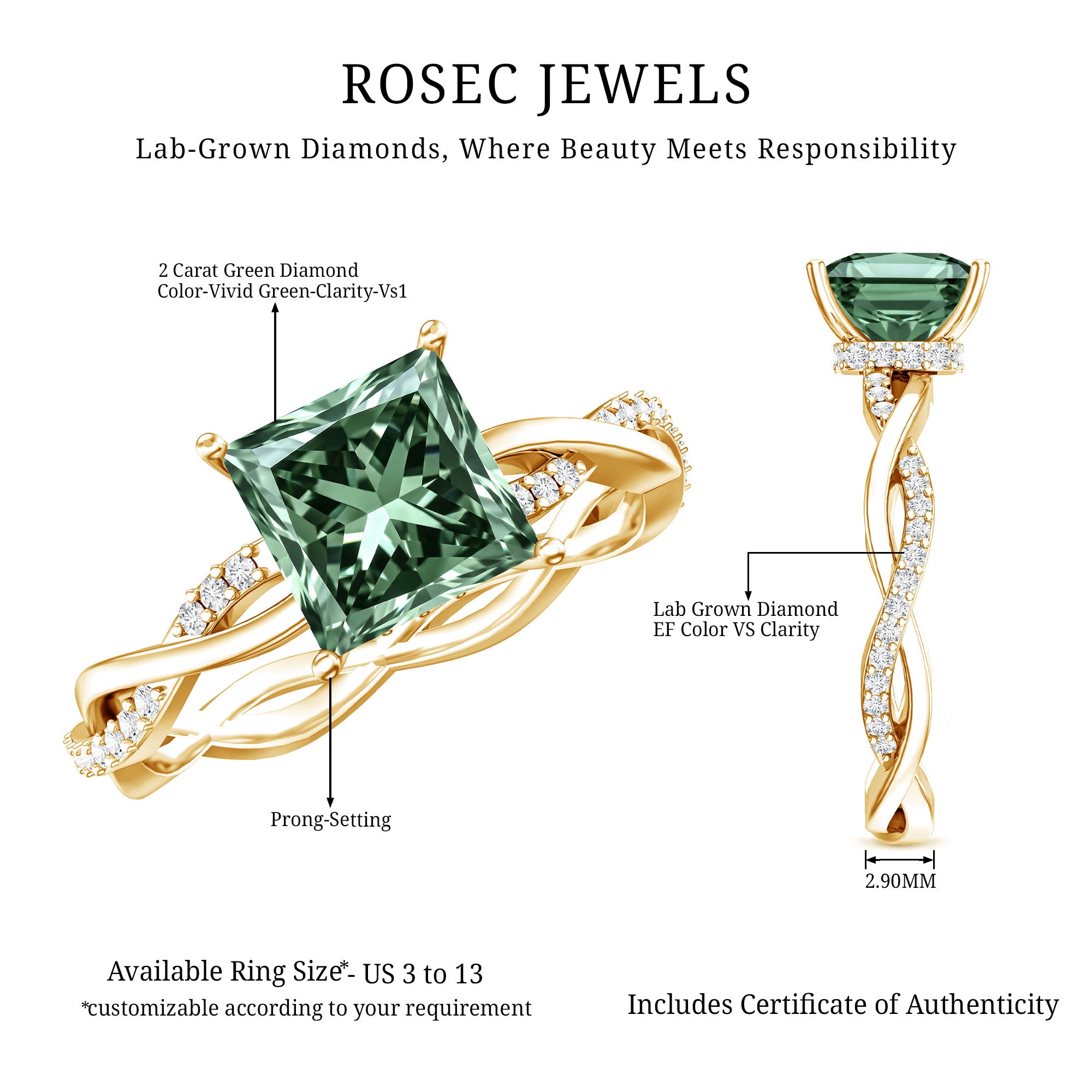 IGI Certified 2 Carat Princess Cut Lab Green Diamond Braided Engagement Ring for Women Vivid Green - VS1 - Rosec Jewels