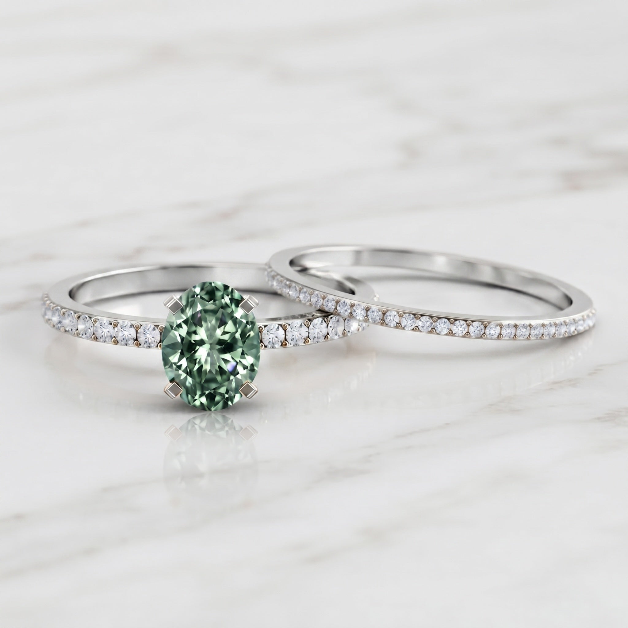 IGI Certified 1 Carat Lab Created Green Diamond Oval Engagement Ring Set Vivid Green - VS1 - Rosec Jewels