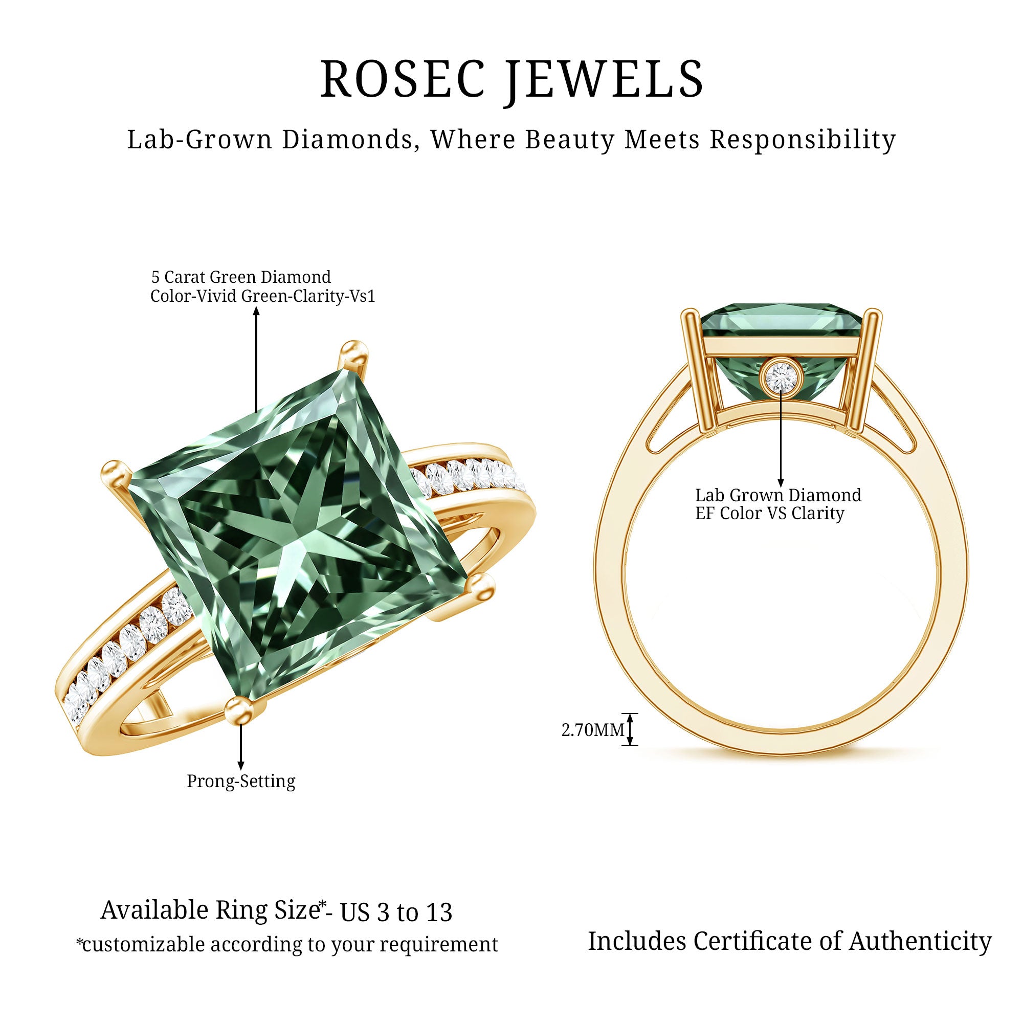 Princess Cut Lab Grown Green Diamond 5 Carat Engagement Ring IGI Certified Vivid Green - VS1 - Rosec Jewels