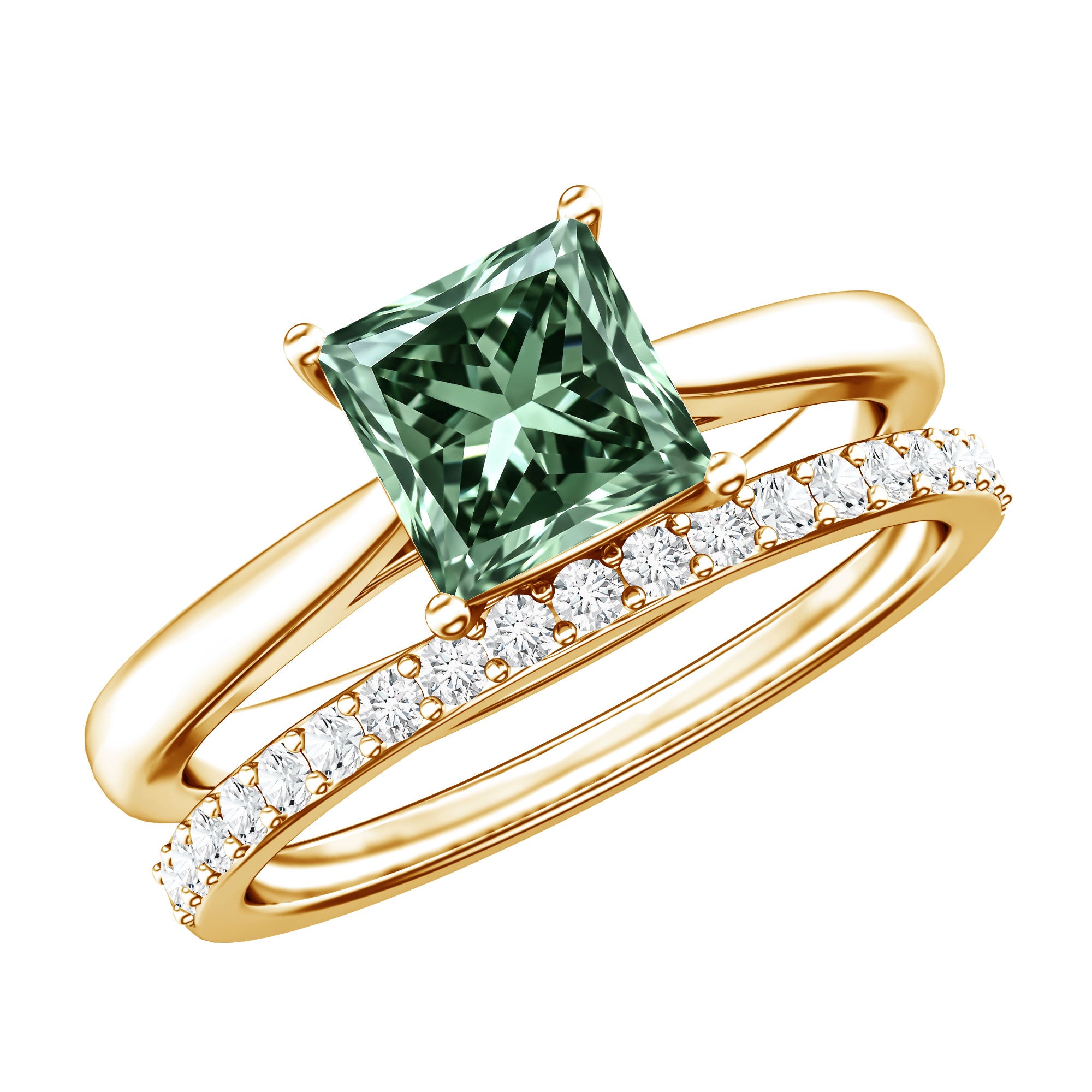 2 Carat Princess Cut Lab Grown Green and White Diamond Wedding Ring Set for Women Vivid Green - VS1 - Rosec Jewels