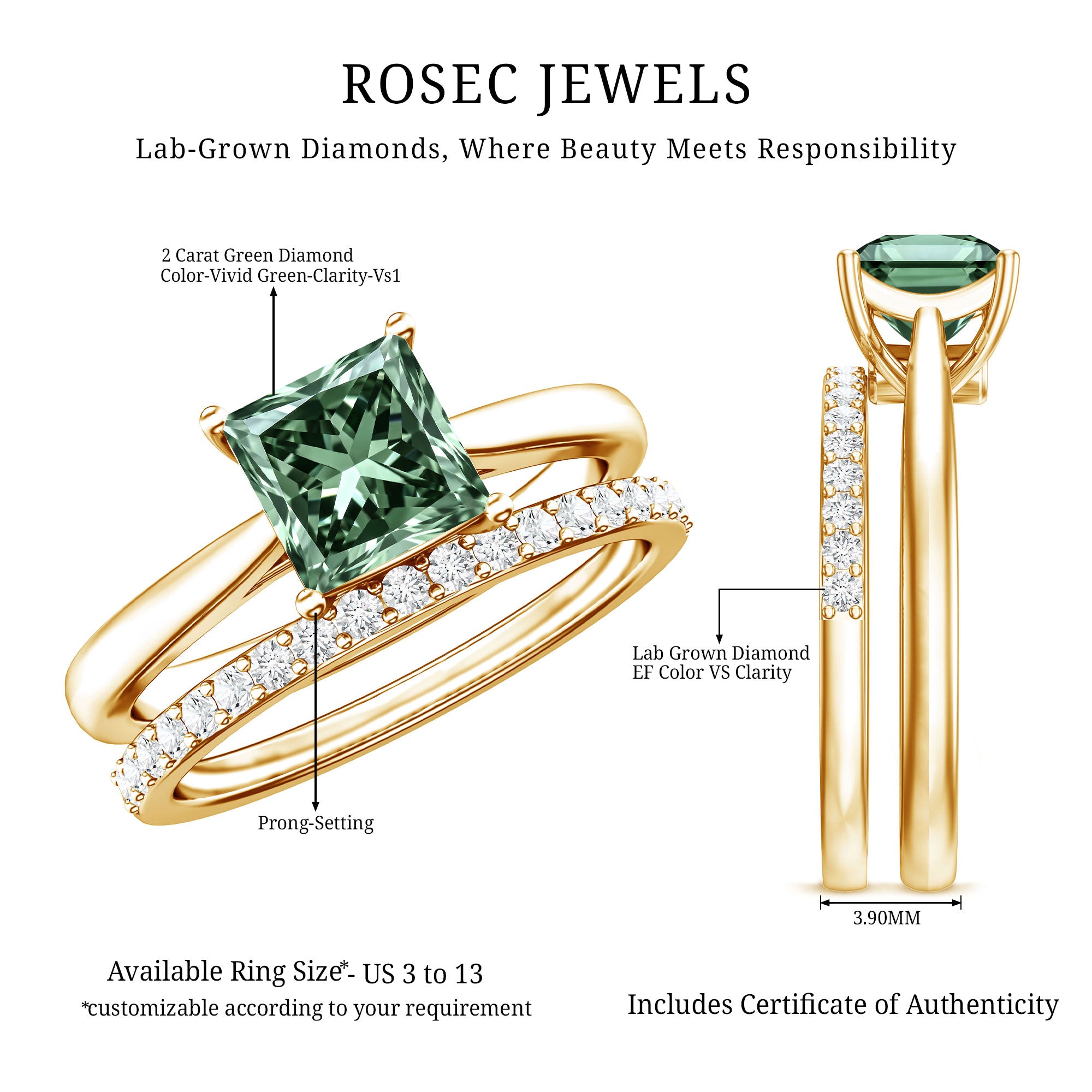 2 Carat Princess Cut Lab Grown Green and White Diamond Wedding Ring Set for Women Vivid Green - VS1 - Rosec Jewels