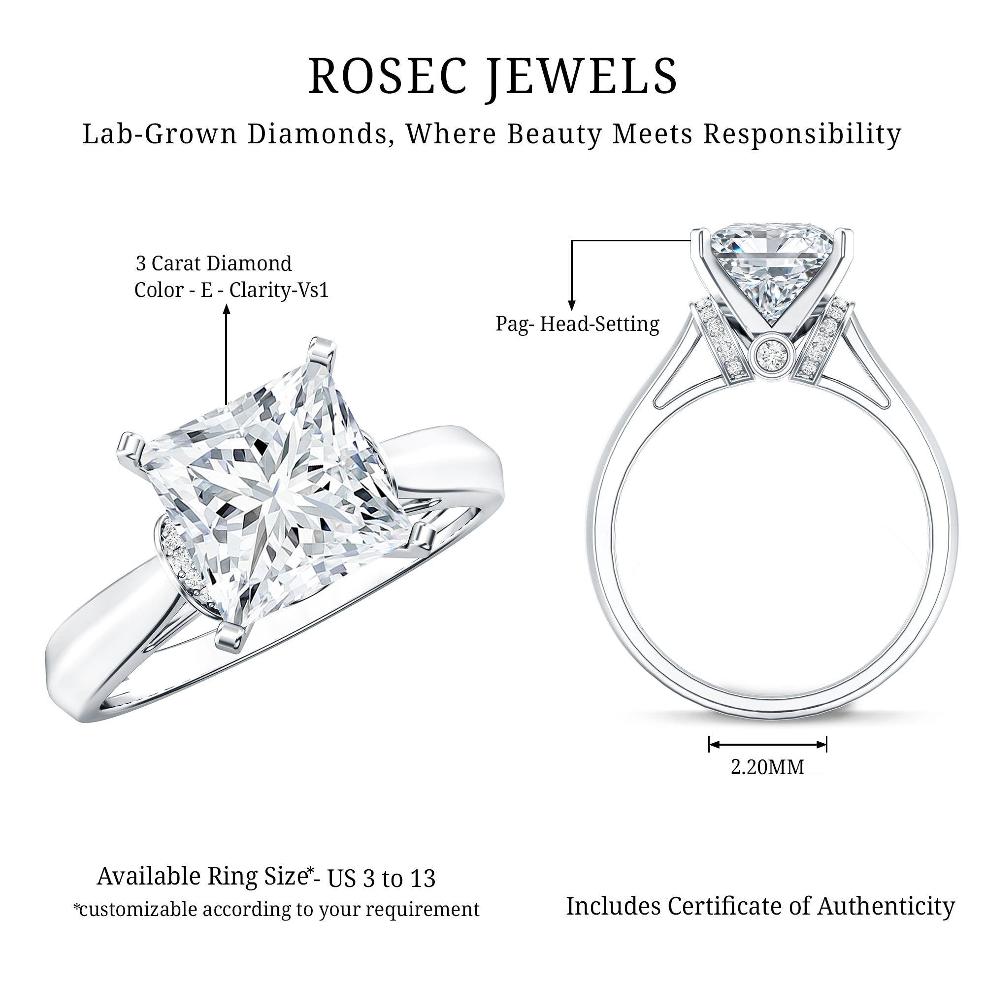 Solitaire 3 Carat Lab Grown Diamond Princess Cut Engagement Ring IGI Certified Lab - ( E-VS1 ) - Rosec Jewels