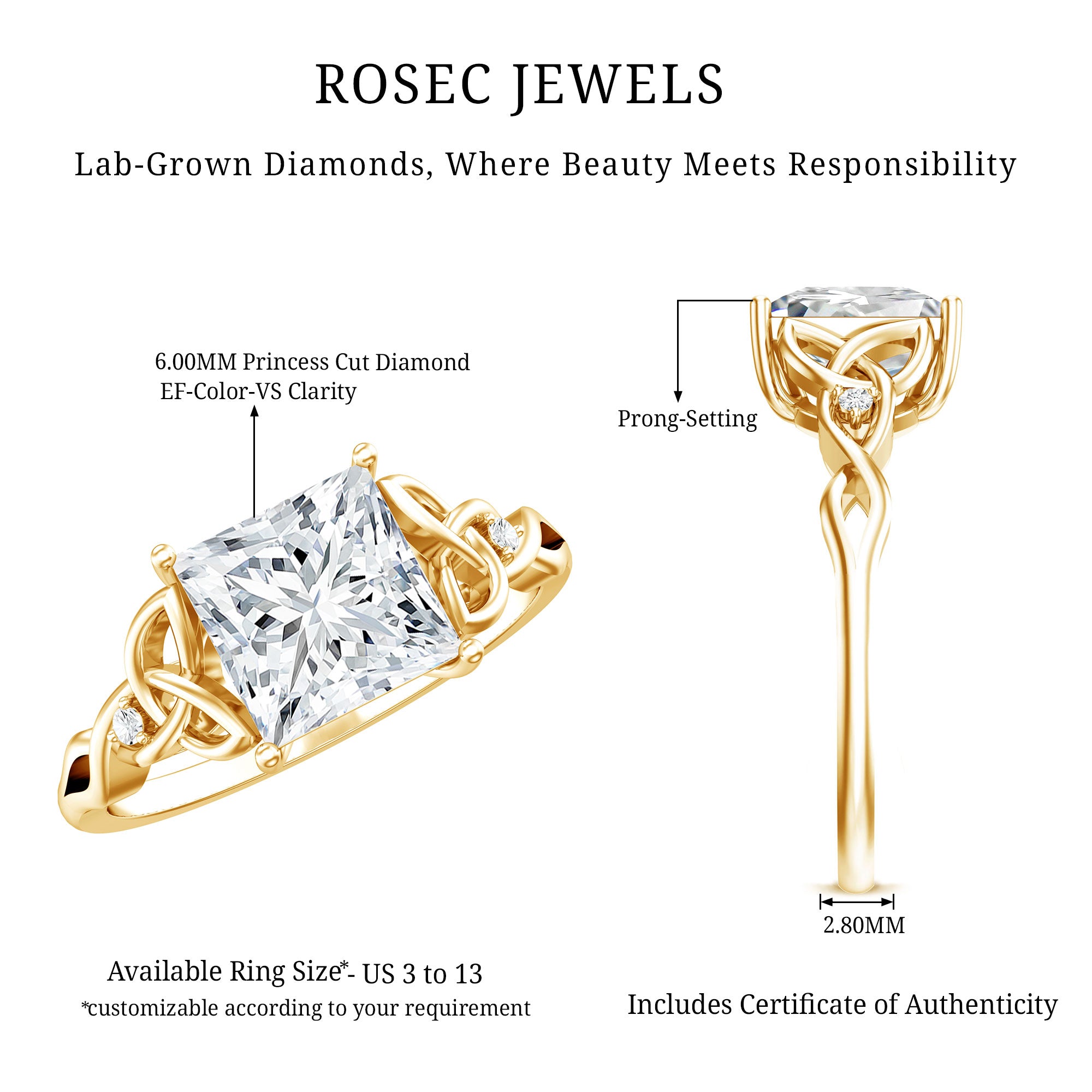 Princess Cut 2 Carat Lab Grown Diamond Celtic Engagement Ring with IGI Certificate Lab - ( E-VS1 ) - Rosec Jewels