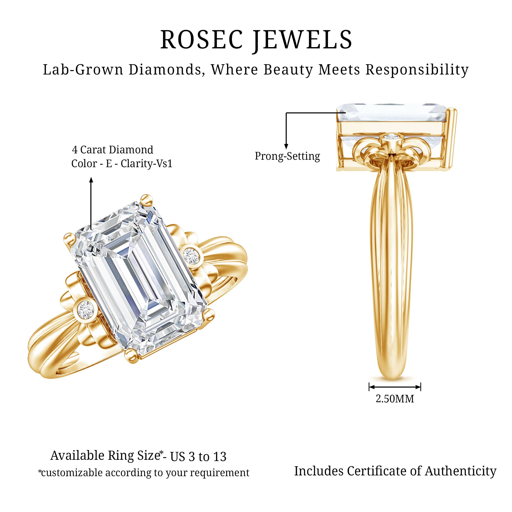 IGI Certified 4 Carat Emerald Cut Lab Grown Diamond Solitaire Engagement Ring with Bow Lab - ( E-VS1 ) - Rosec Jewels