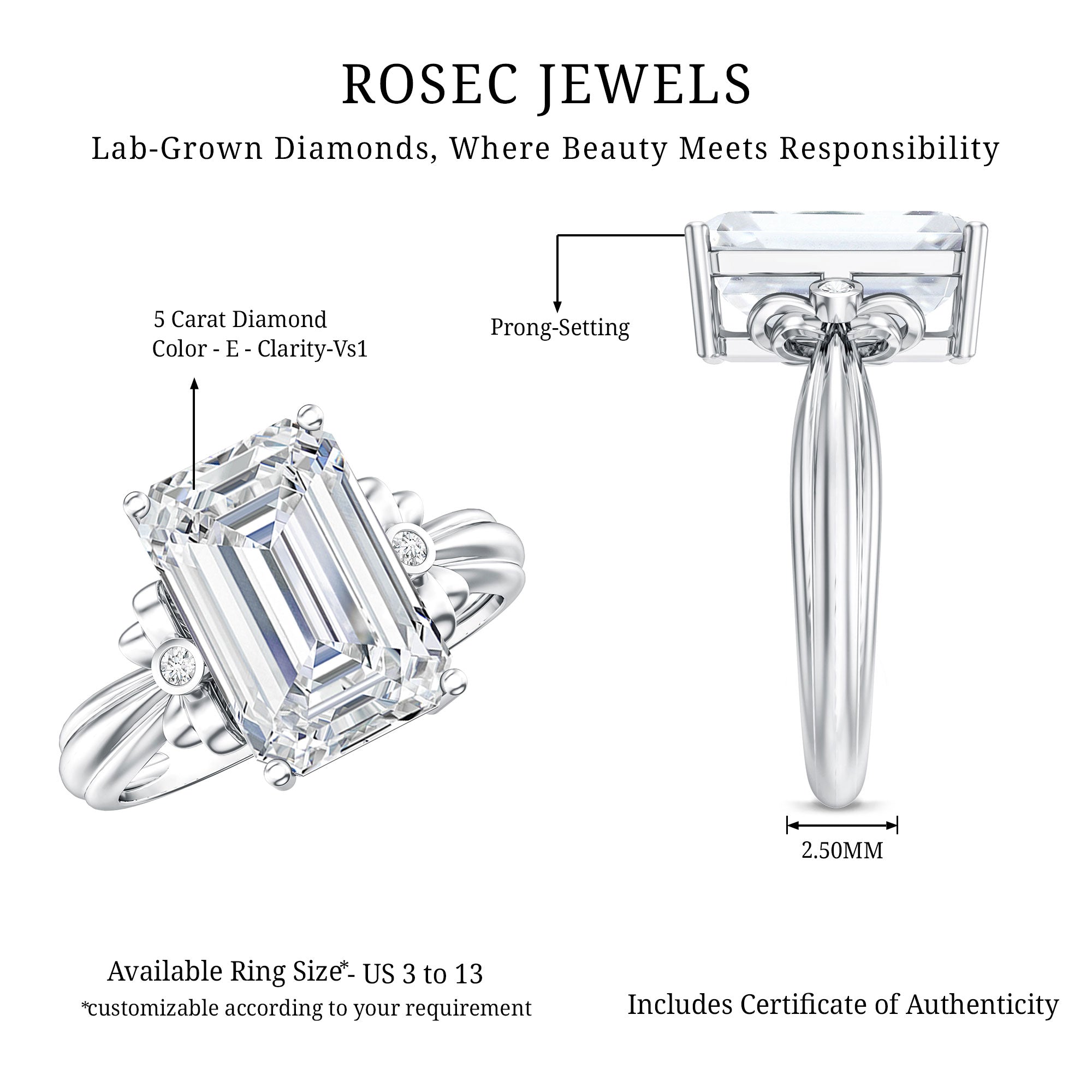 Emerald Cut Solitaire Lab Grown Diamond 5 Carat Engagement Ring IGI Certified Lab - ( E-VS1 ) - Rosec Jewels