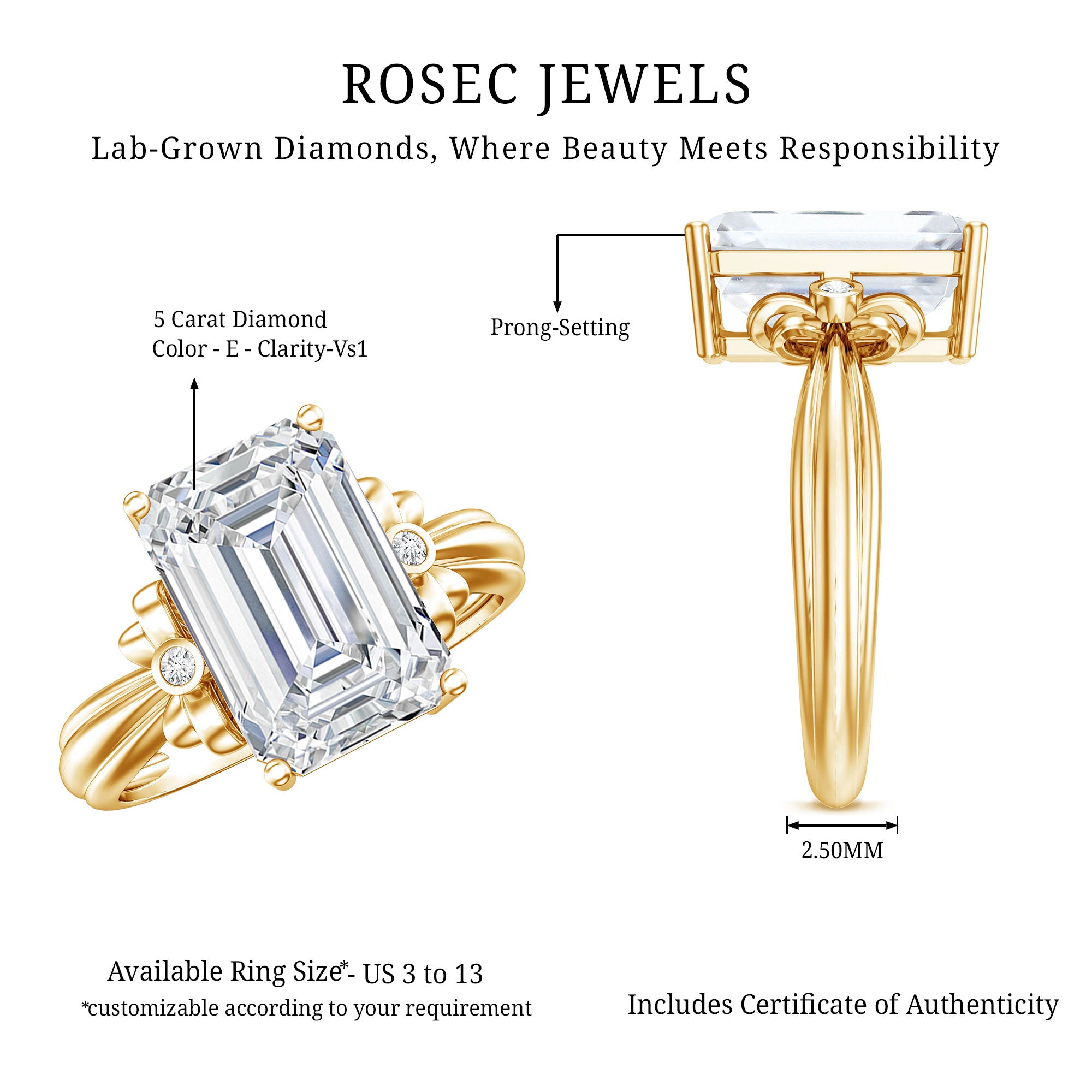 Emerald Cut Solitaire Lab Grown Diamond 5 Carat Engagement Ring IGI Certified Lab - ( E-VS1 ) - Rosec Jewels