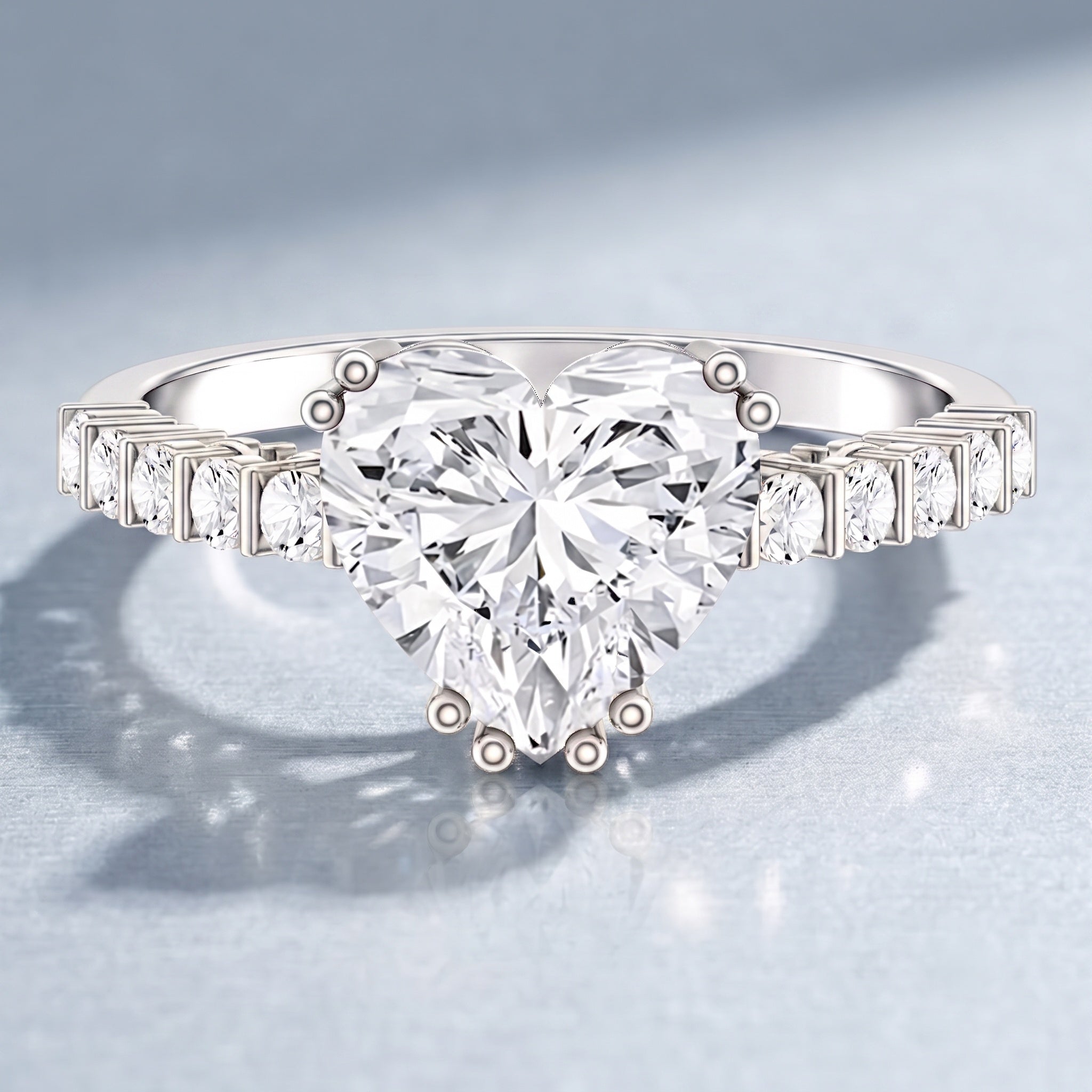 IGI Certified Lab Grown 3 Carat Diamond Heart Engagement Ring with Side Stones Lab - ( E-VS1 ) - Rosec Jewels