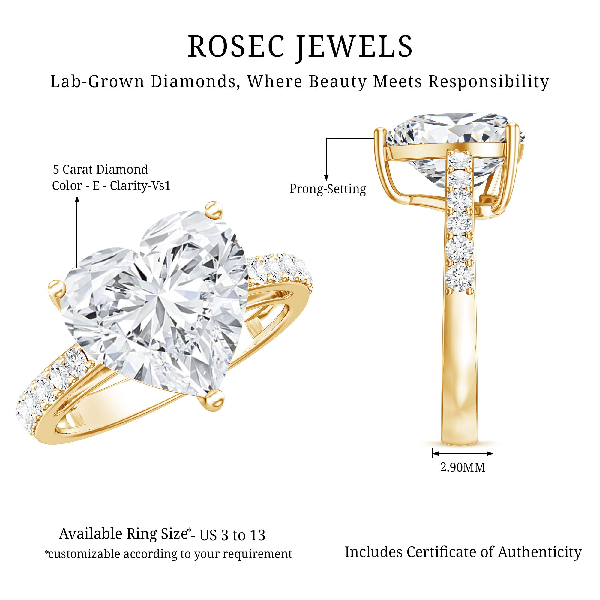 Big 5 Carat Lab Grown Diamond Heart Shaped Engagement Ring with IGI Certificate Lab - ( E-VS1 ) - Rosec Jewels