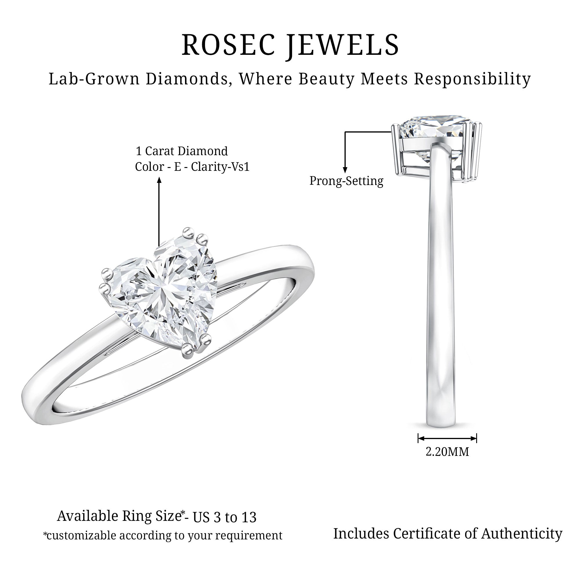 1 Carat Lab Grown Solitaire Diamond Heart Engagement Ring IGI Certified Lab - ( E-VS1 ) - Rosec Jewels