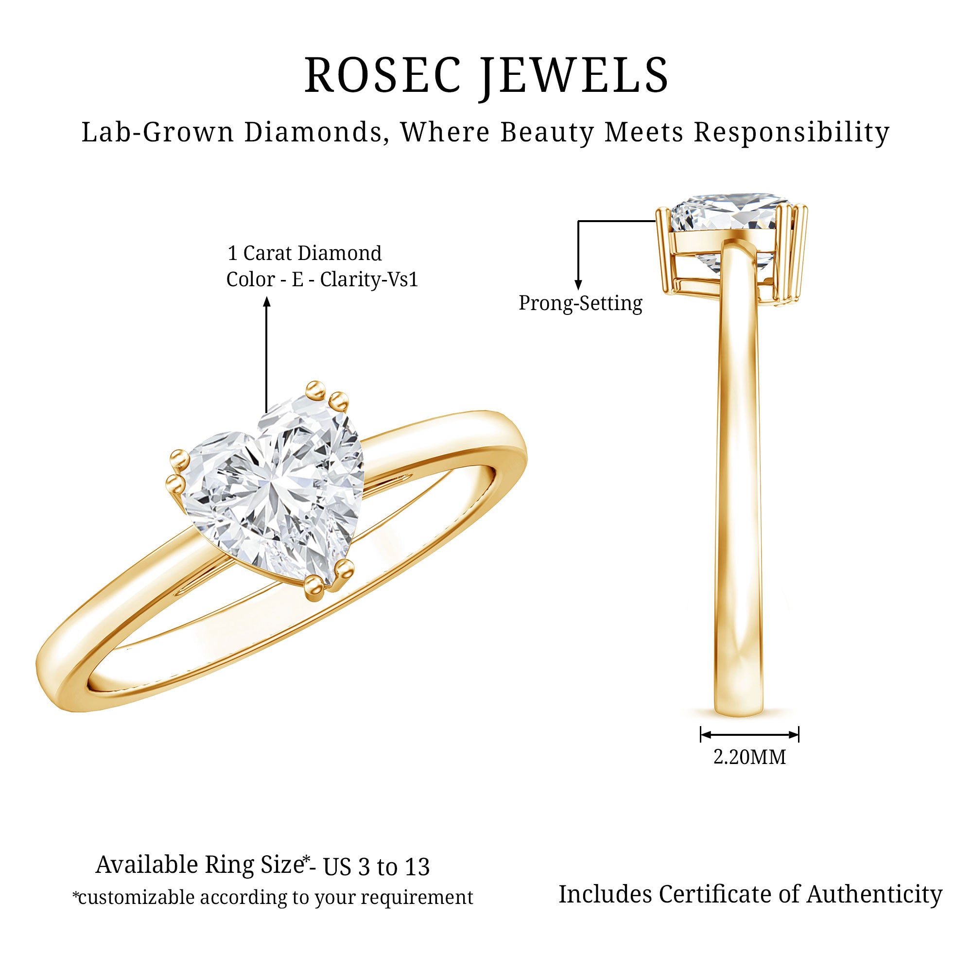 1 Carat Lab Grown Solitaire Diamond Heart Engagement Ring IGI Certified Lab - ( E-VS1 ) - Rosec Jewels