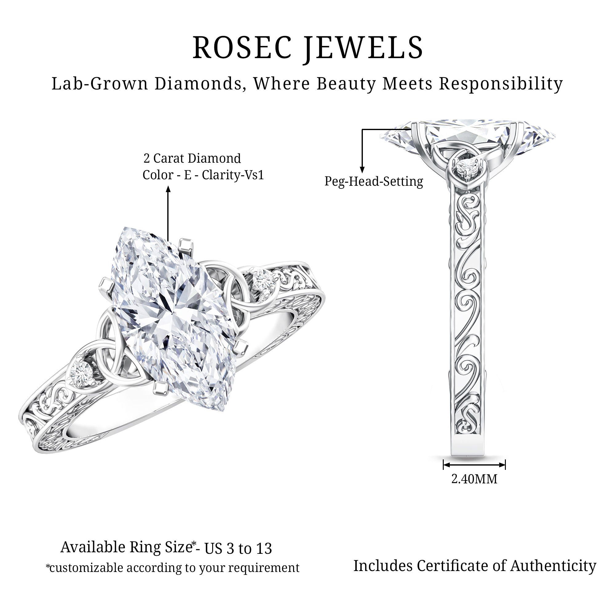 IGI Certified Vintage Inspired Lab Grown Marquise Diamond Celtic Engagement Ring 2 Carat Lab - ( E-VS1 ) - Rosec Jewels