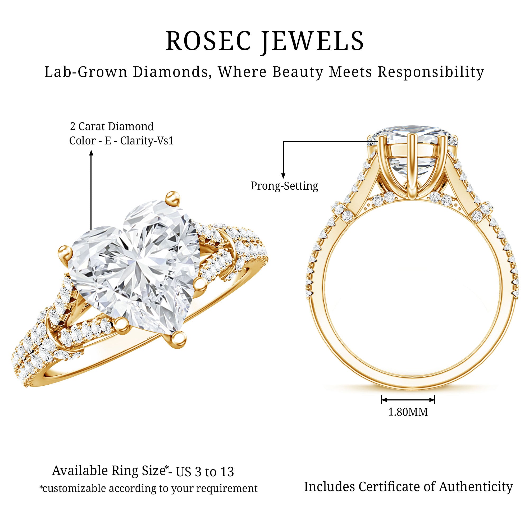 2 Carat Heart Lab Grown Diamond Split Shank Engagement Ring with IGI Certificate Lab - ( E-VS1 ) - Rosec Jewels