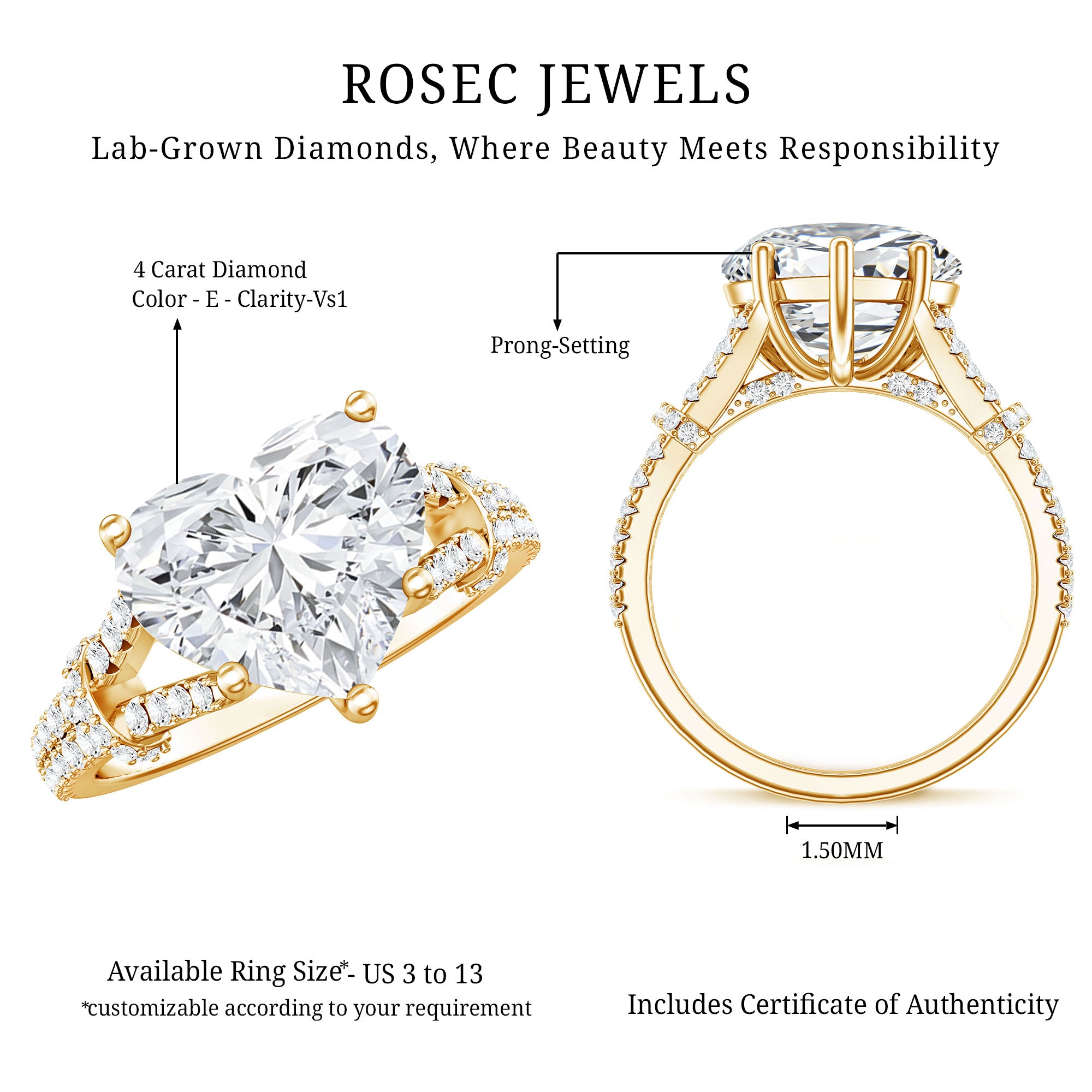 Rosec Jewels-IGI Certified 4 Carat Big Heart Lab Grown Diamond Split Shank Engagement Ring