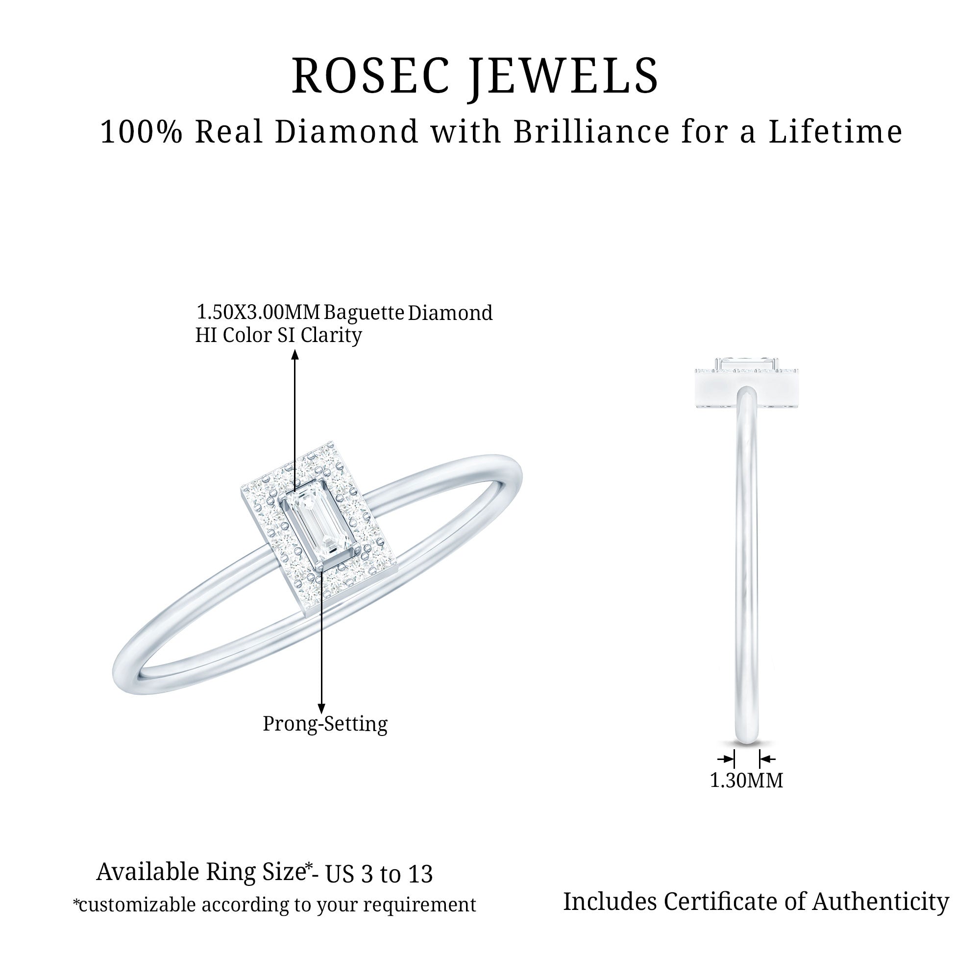 Baguette Cut Diamond Halo Promise Ring with Certificate Natural - ( HI-SI ) - Rosec Jewels