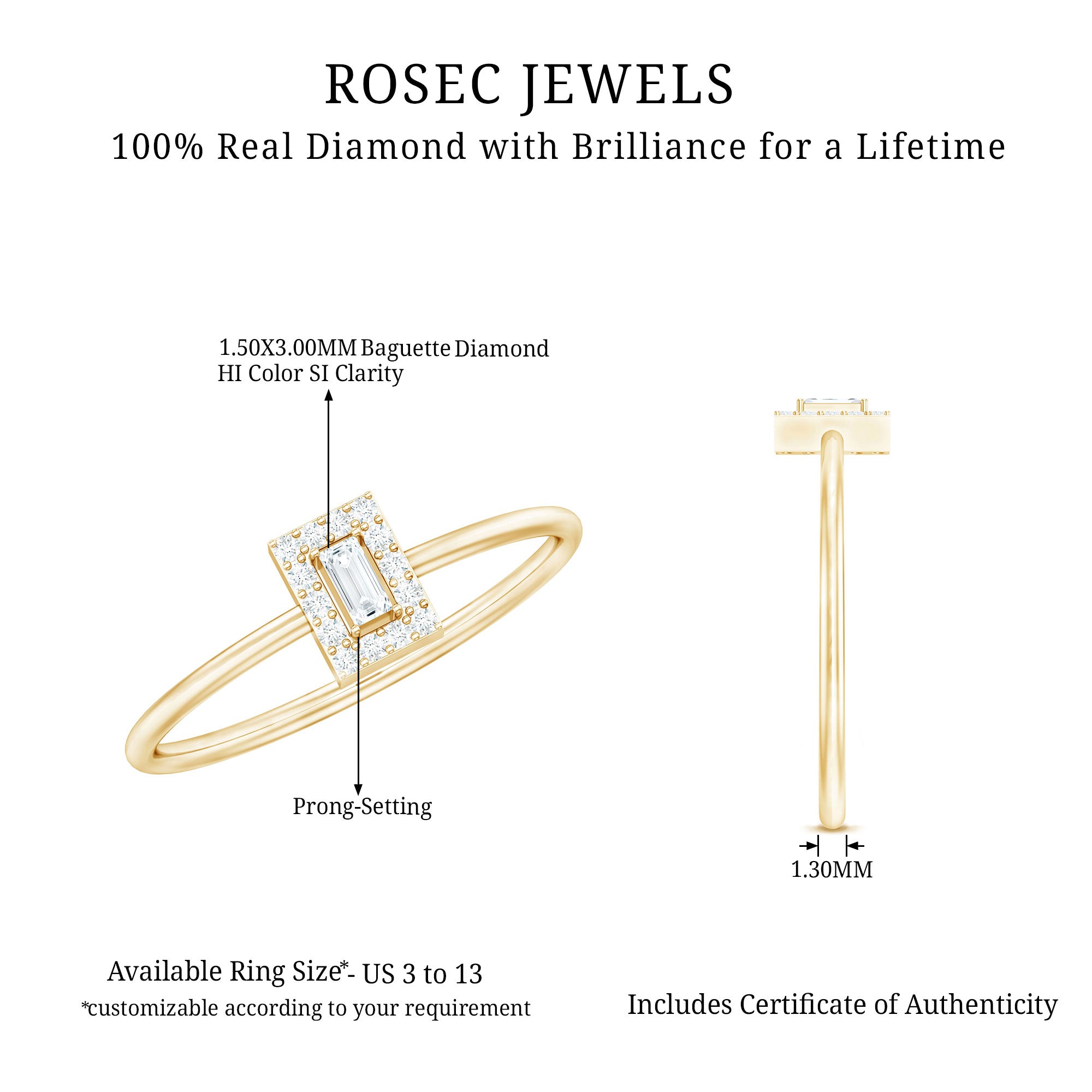 Baguette Cut Diamond Halo Promise Ring with Certificate Natural - ( HI-SI ) - Rosec Jewels