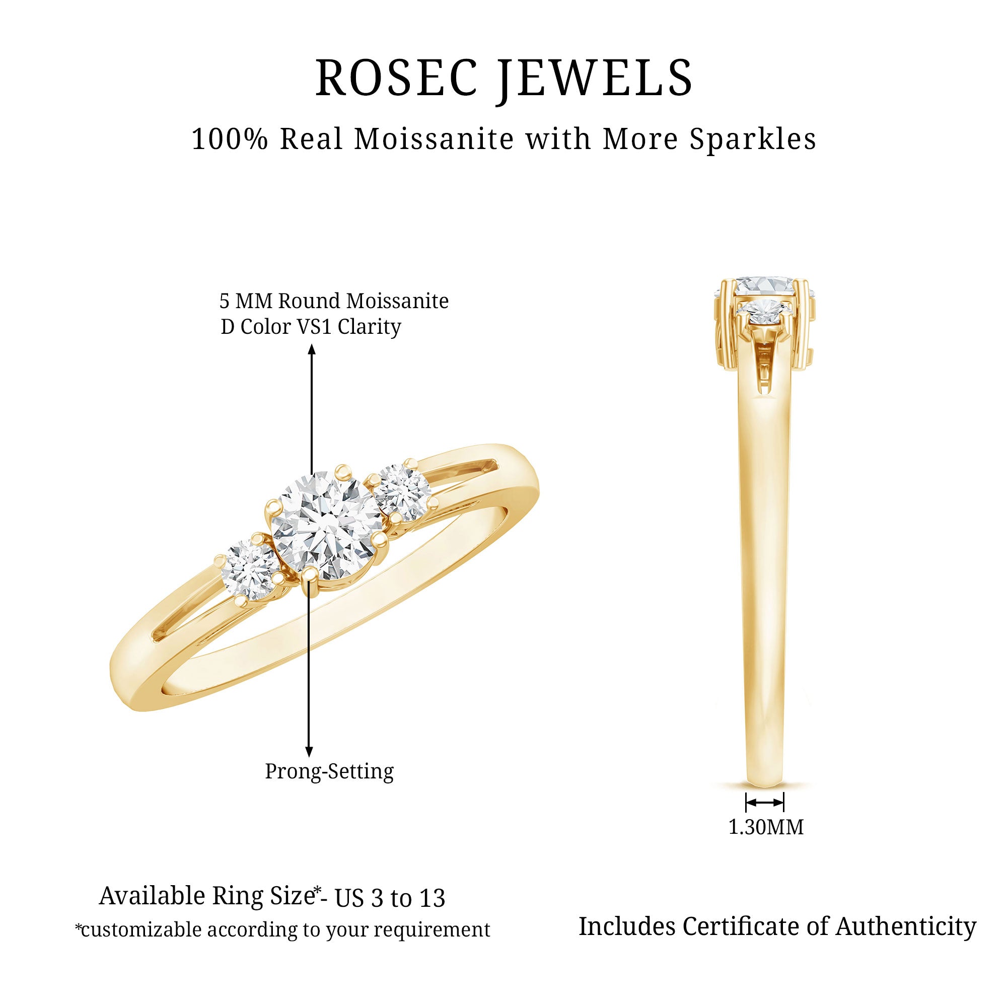 Certified Moissanite 3 Stone Proposal Ring For Her D-VS1 - Rosec Jewels