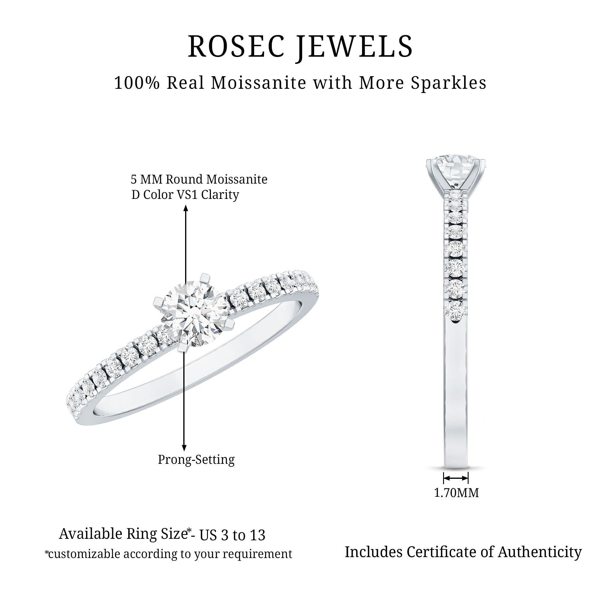 Moissanite Minimal Engagement Ring with Side Stone D-VS1 - Rosec Jewels