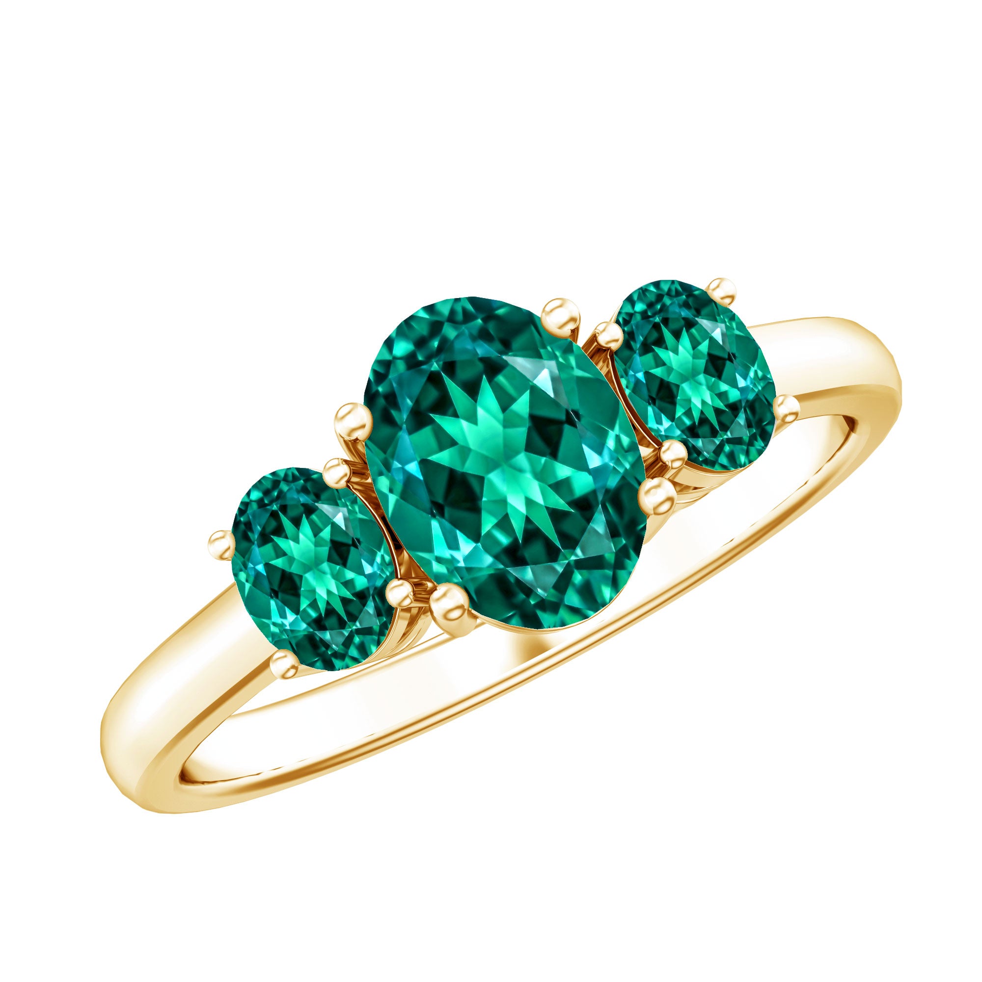 AAAA Quality Oval Cut Lab Created Emerald Three Stone Ring for Women AAAA - Rosec Jewels