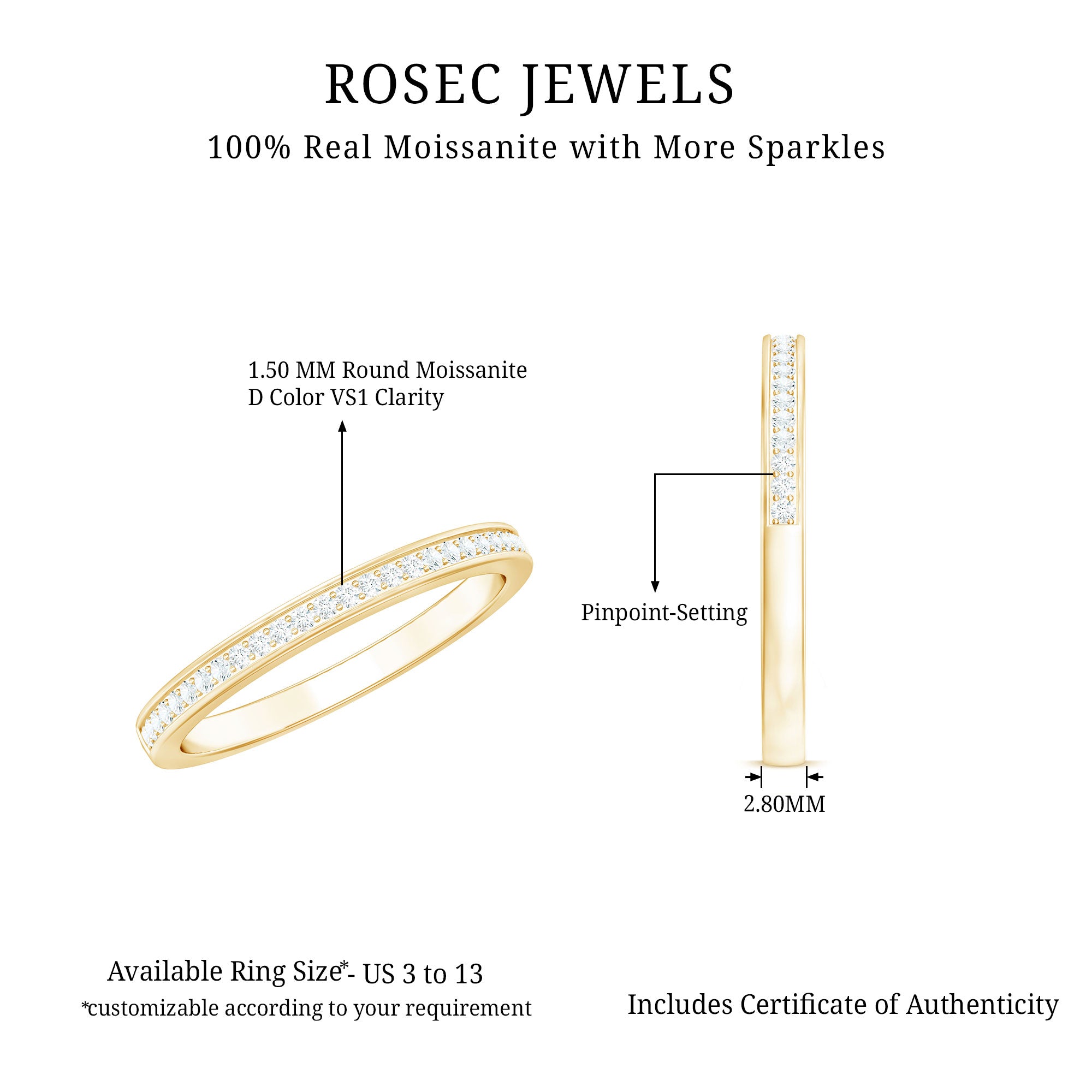 Minimal Moissanite Eternity Band Ring D-VS1 - Rosec Jewels