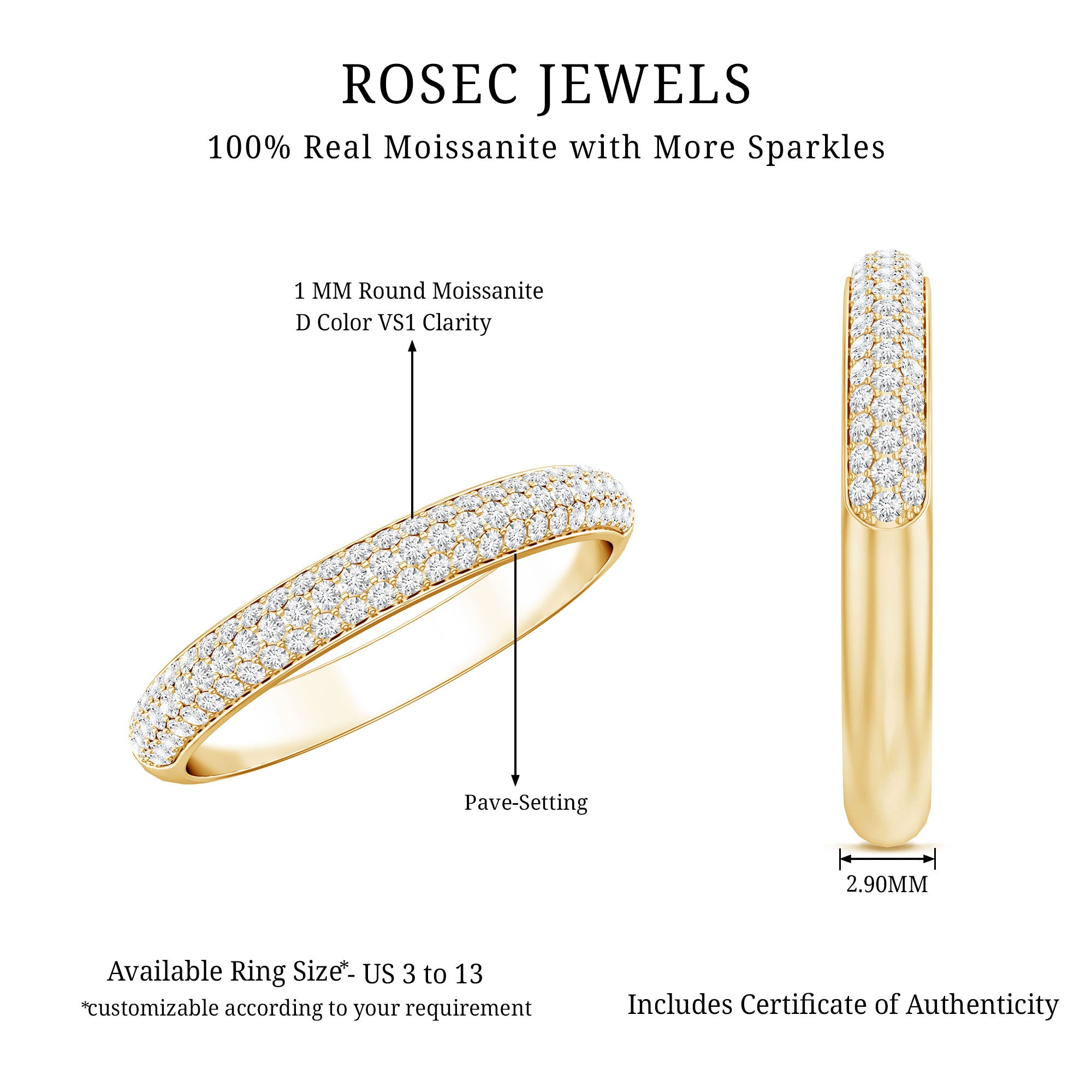 Brilliant Cut Round Moissanite Band Ring For Women D-VS1 - Rosec Jewels