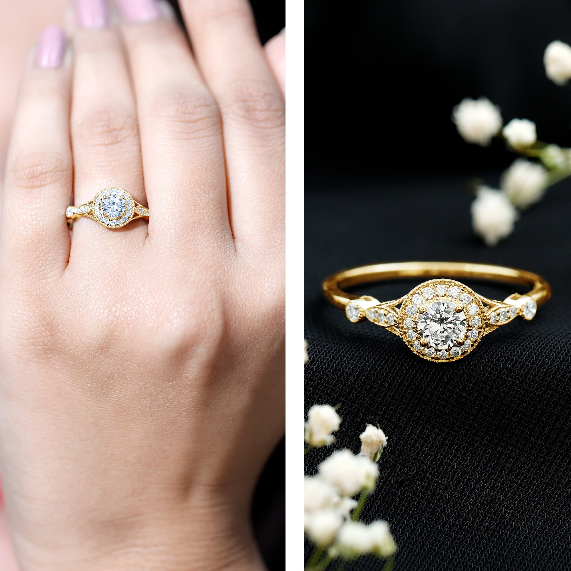 Round Cut Moissanite Antique Engagement Ring D-VS1 - Rosec Jewels