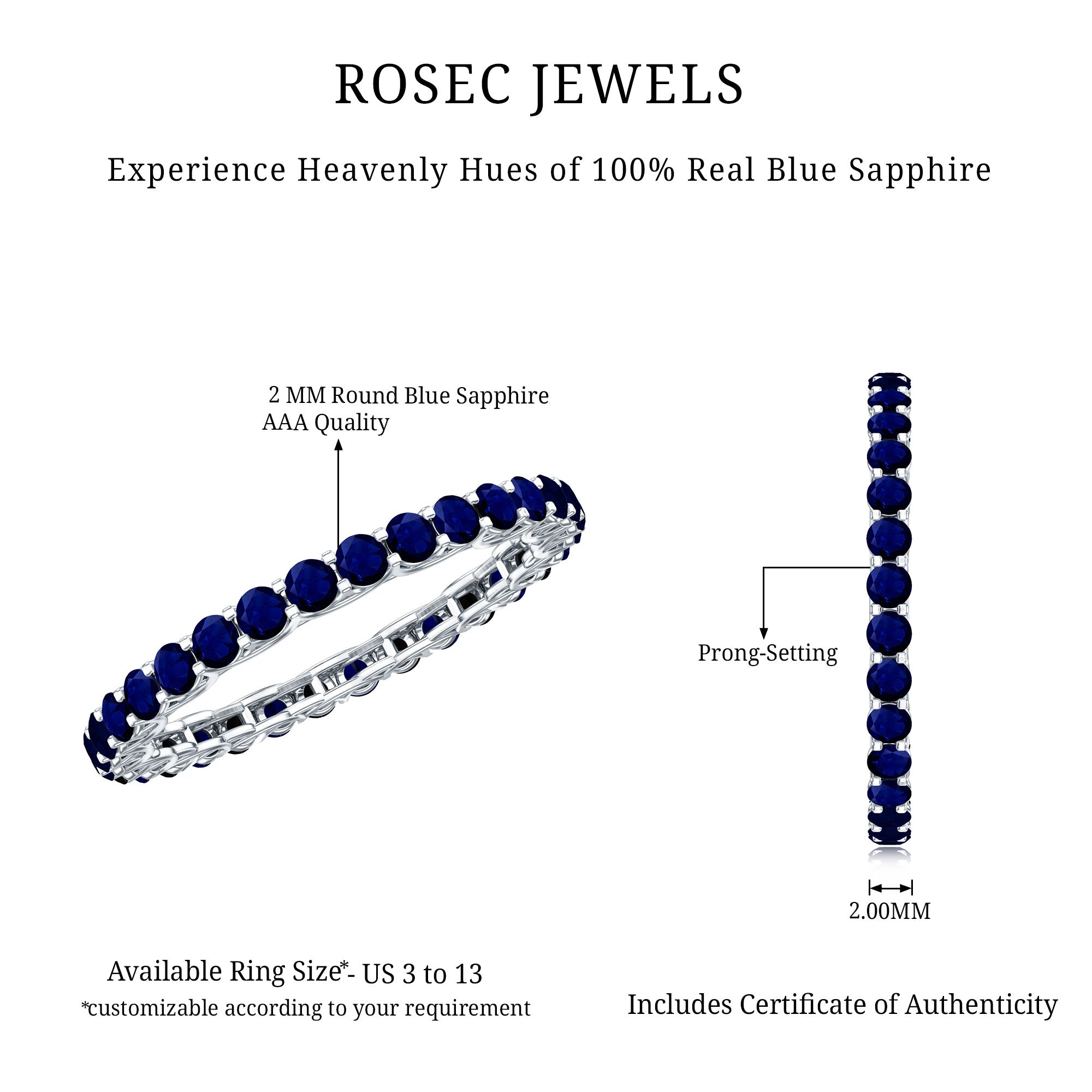Real Blue Sapphire Full Eternity Ring for Women AAA - Rosec Jewels