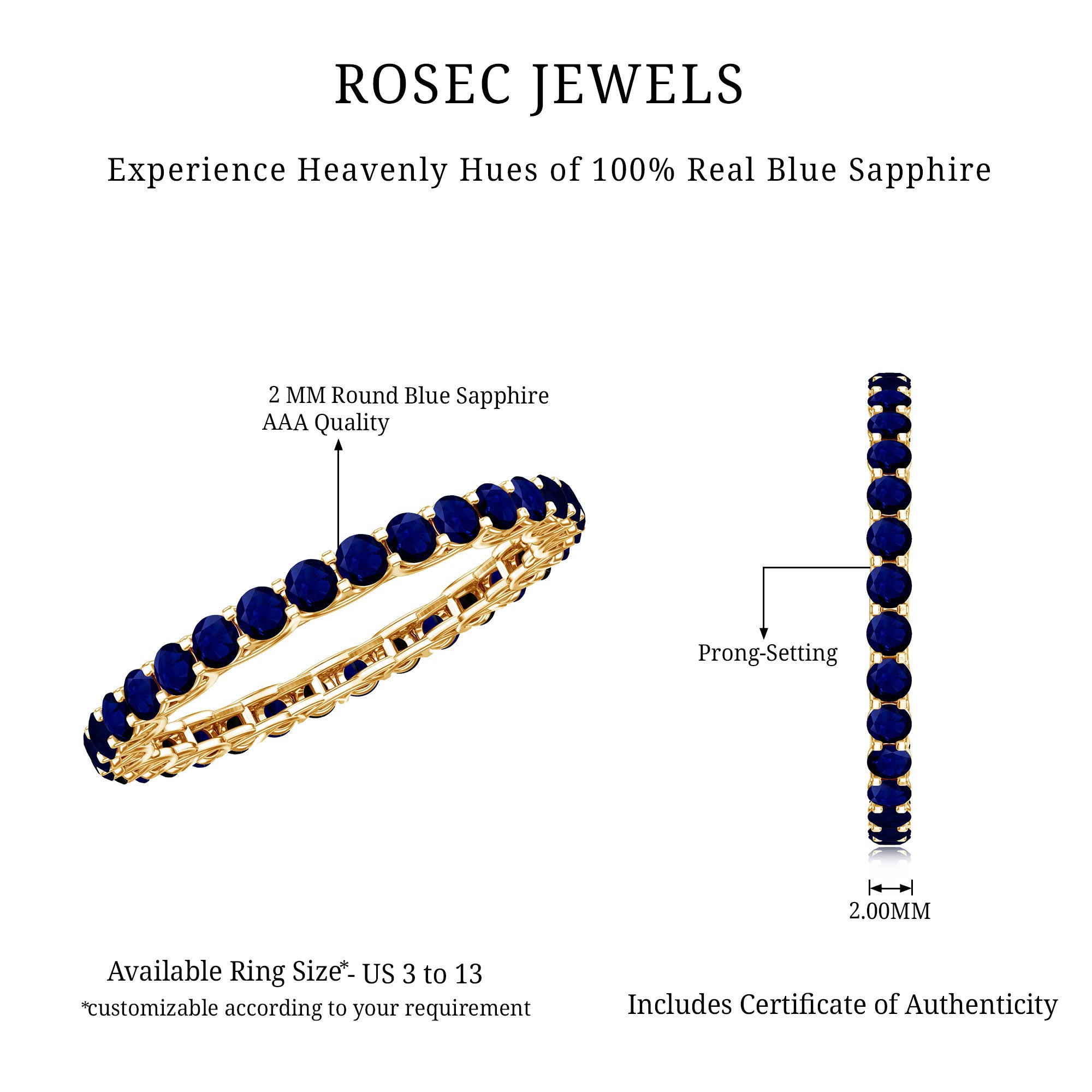 Real Blue Sapphire Full Eternity Ring for Women AAA - Rosec Jewels